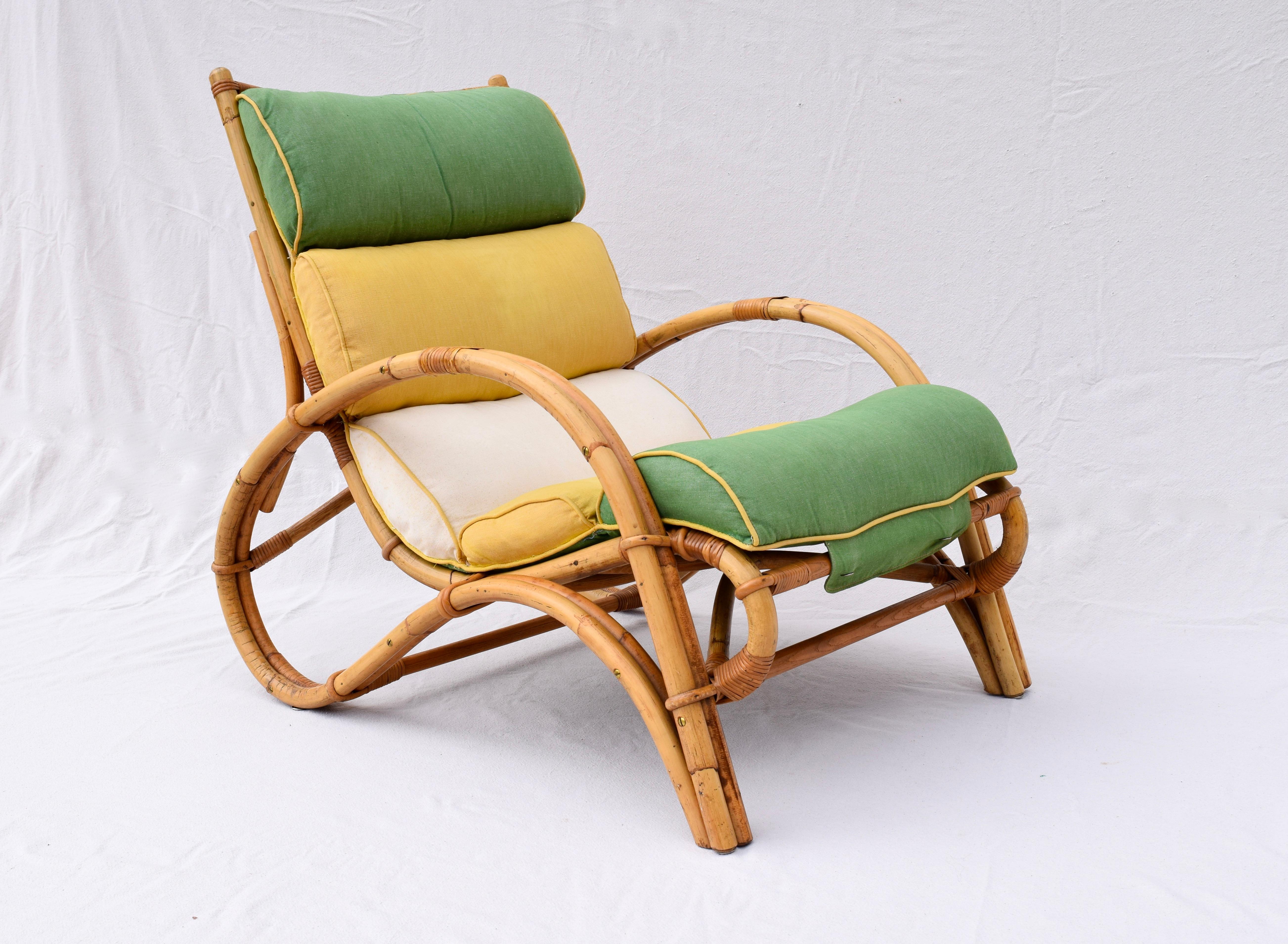 American manufactured 1950s Ficks Reed chair and ottoman with unusually well maintained and preserved original channeled canvas upholstery. A rare style in form and condition. Ottoman dimensions: 22