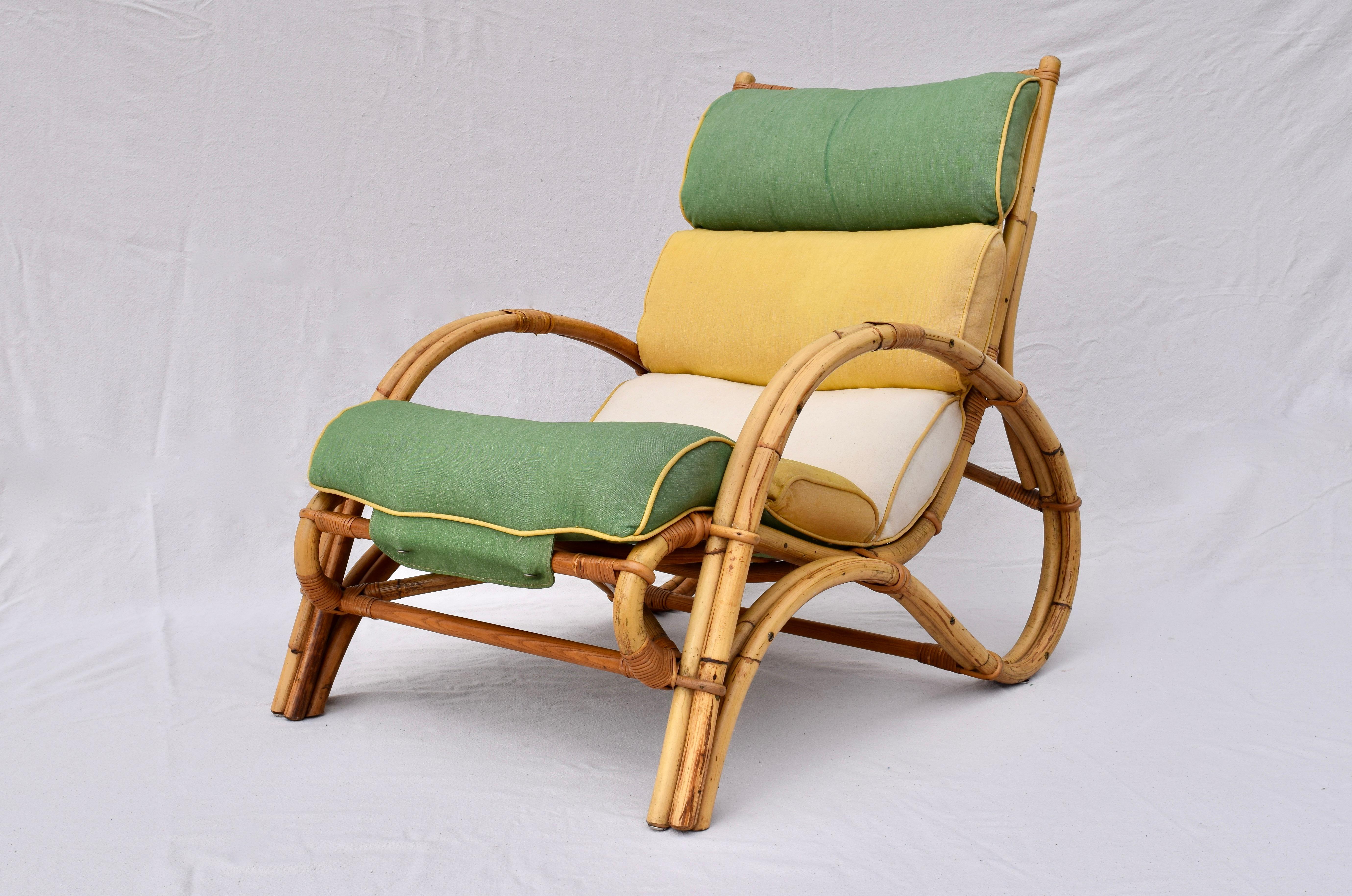 Canvas 1950s Ficks Reed Rattan Chair and Ottoman