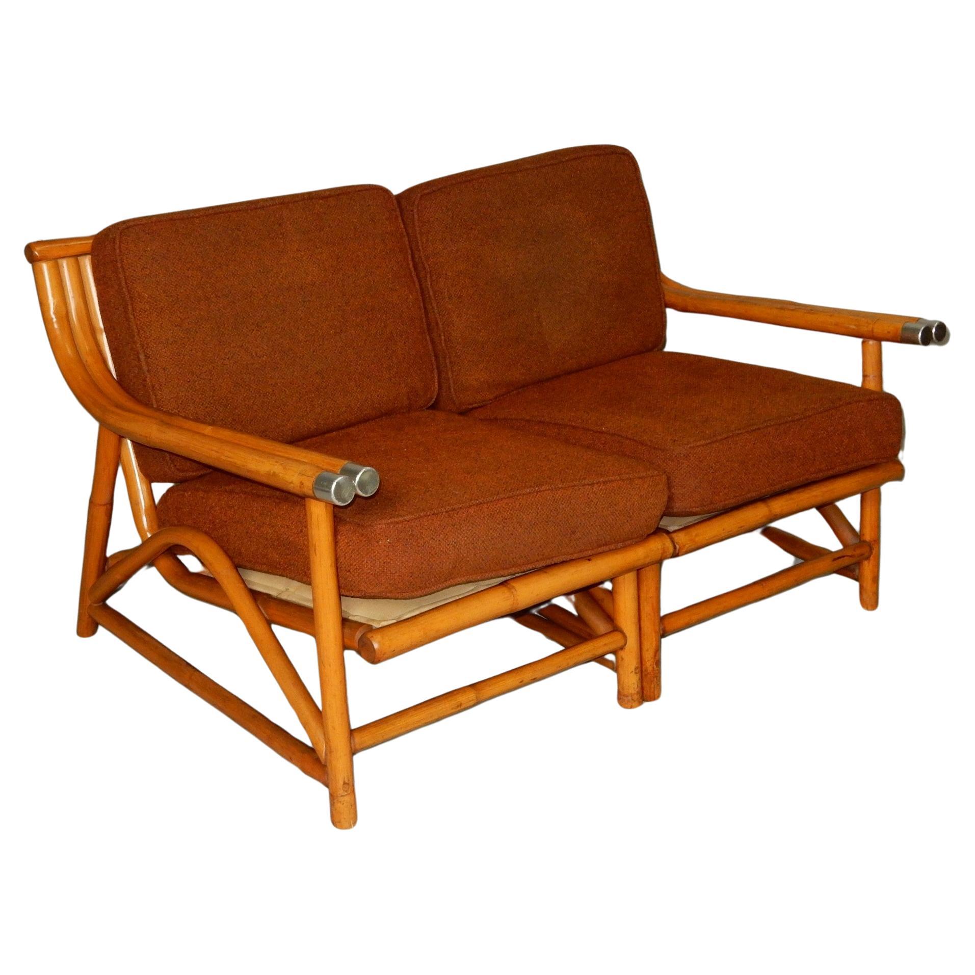 American 1950's Ficks Reed Rattan Split Settee or Lounge Chairs  For Sale