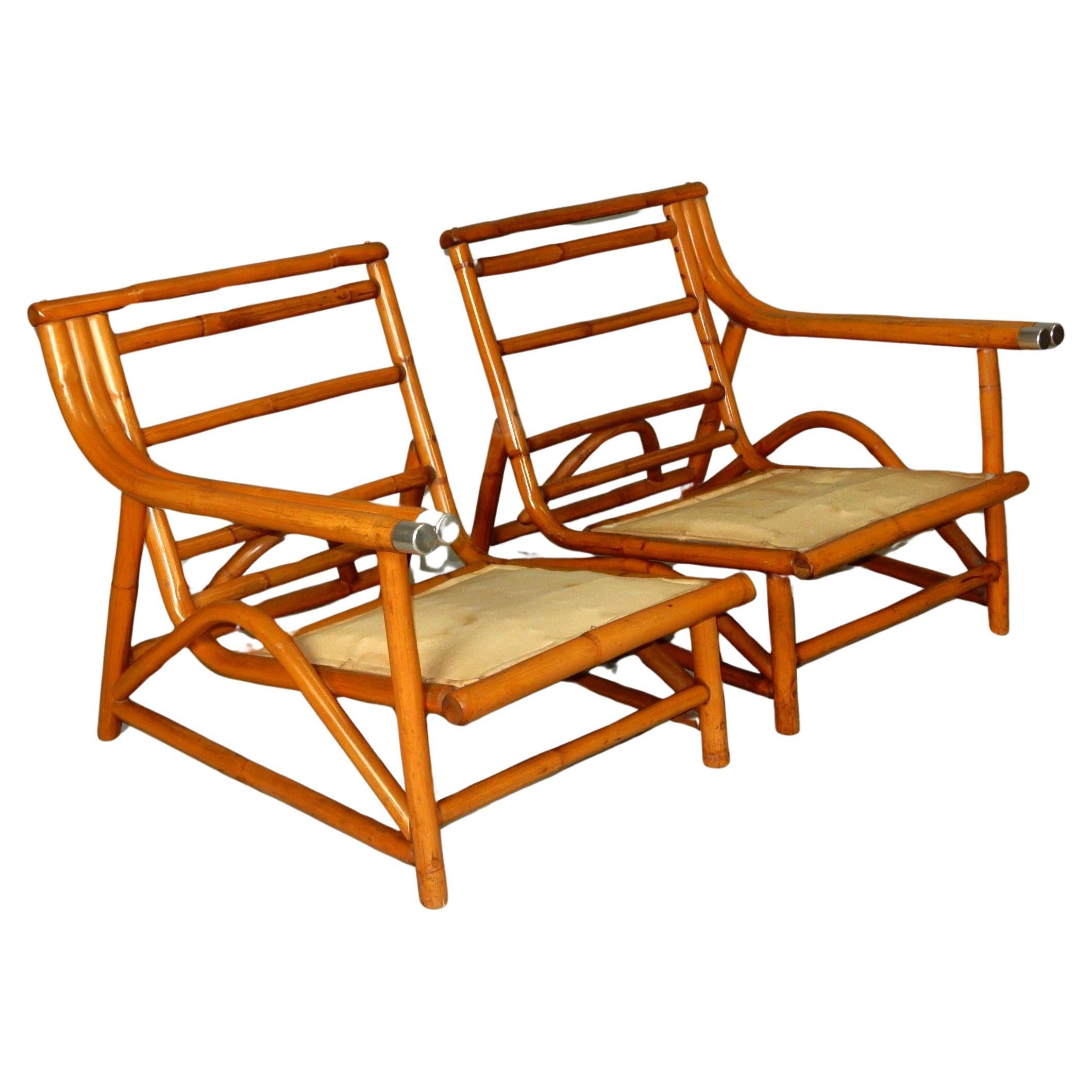 1950's Ficks Reed Rattan Split Settee or Lounge Chairs  In Good Condition For Sale In Las Vegas, NV