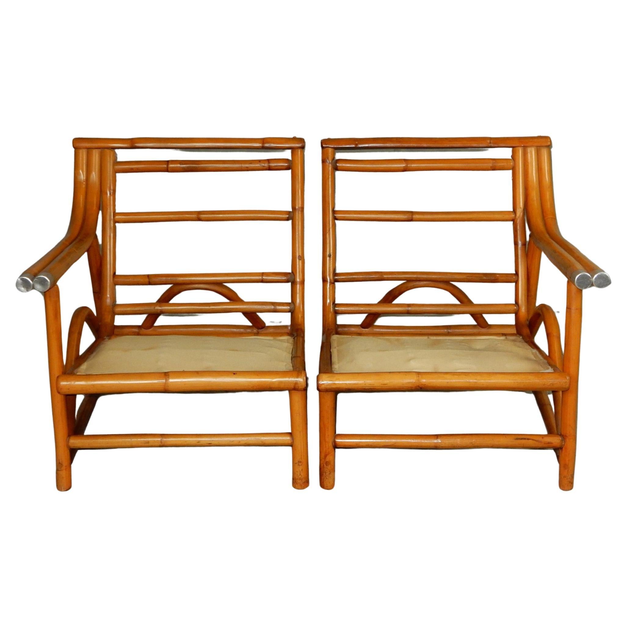 20th Century 1950's Ficks Reed Rattan Split Settee or Lounge Chairs  For Sale