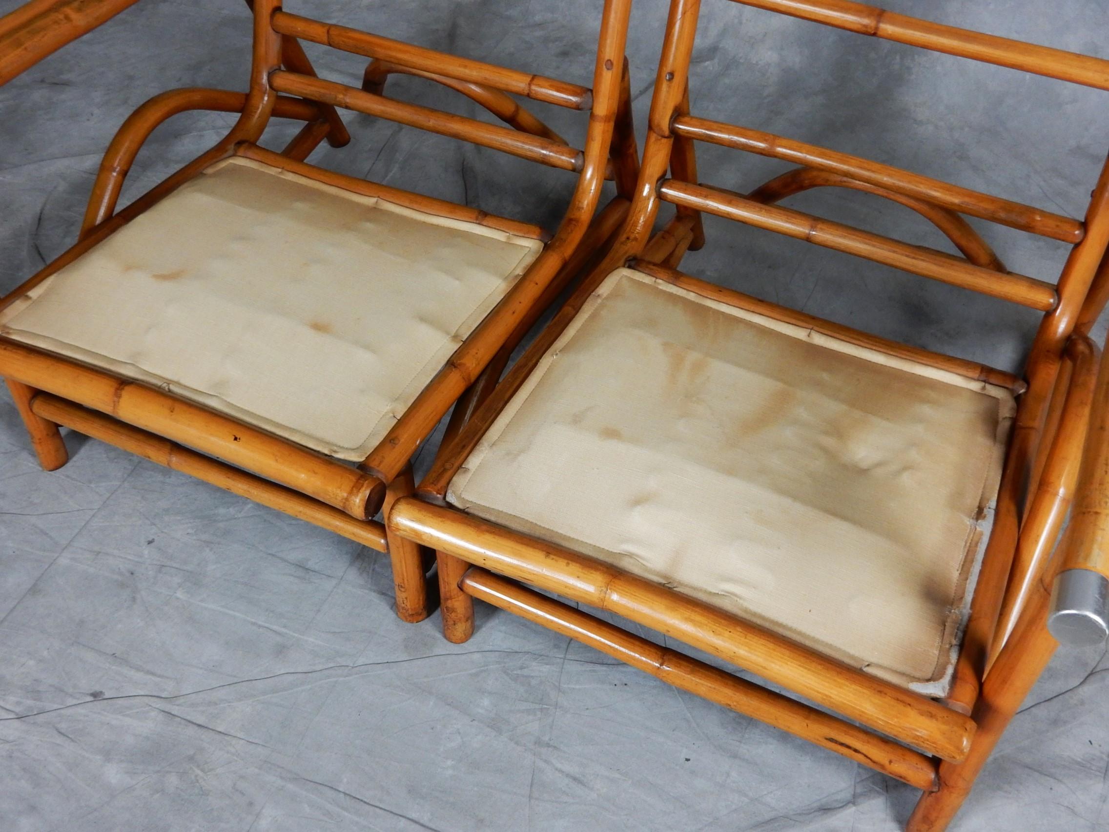 Upholstery 1950's Ficks Reed Rattan Split Settee or Lounge Chairs  For Sale