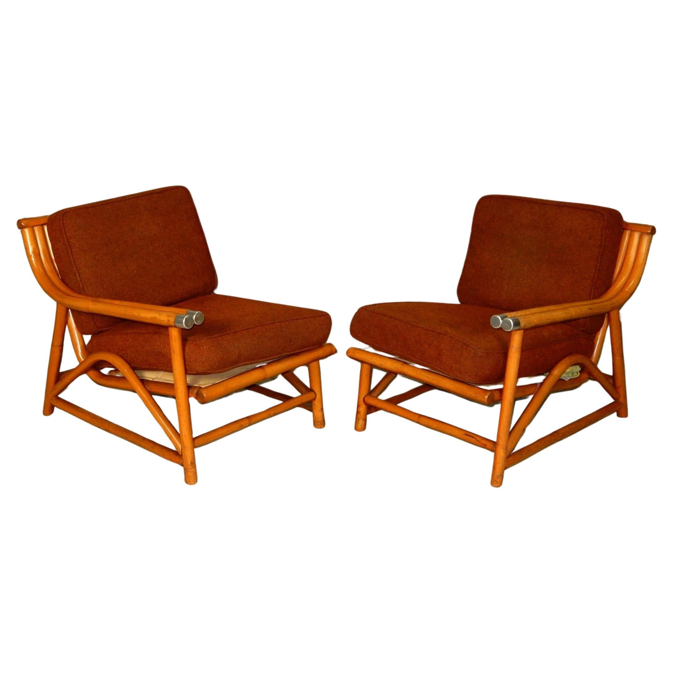 1950's Ficks Reed Rattan Split Settee or Lounge Chairs 