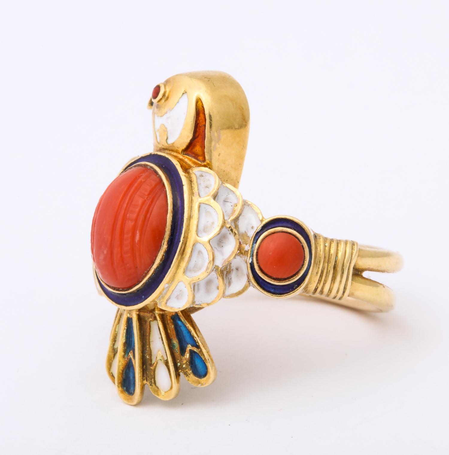 1950s Figural Bird Enamel with Coral and Ruby Gold Cocktail Ring In Good Condition In New York, NY