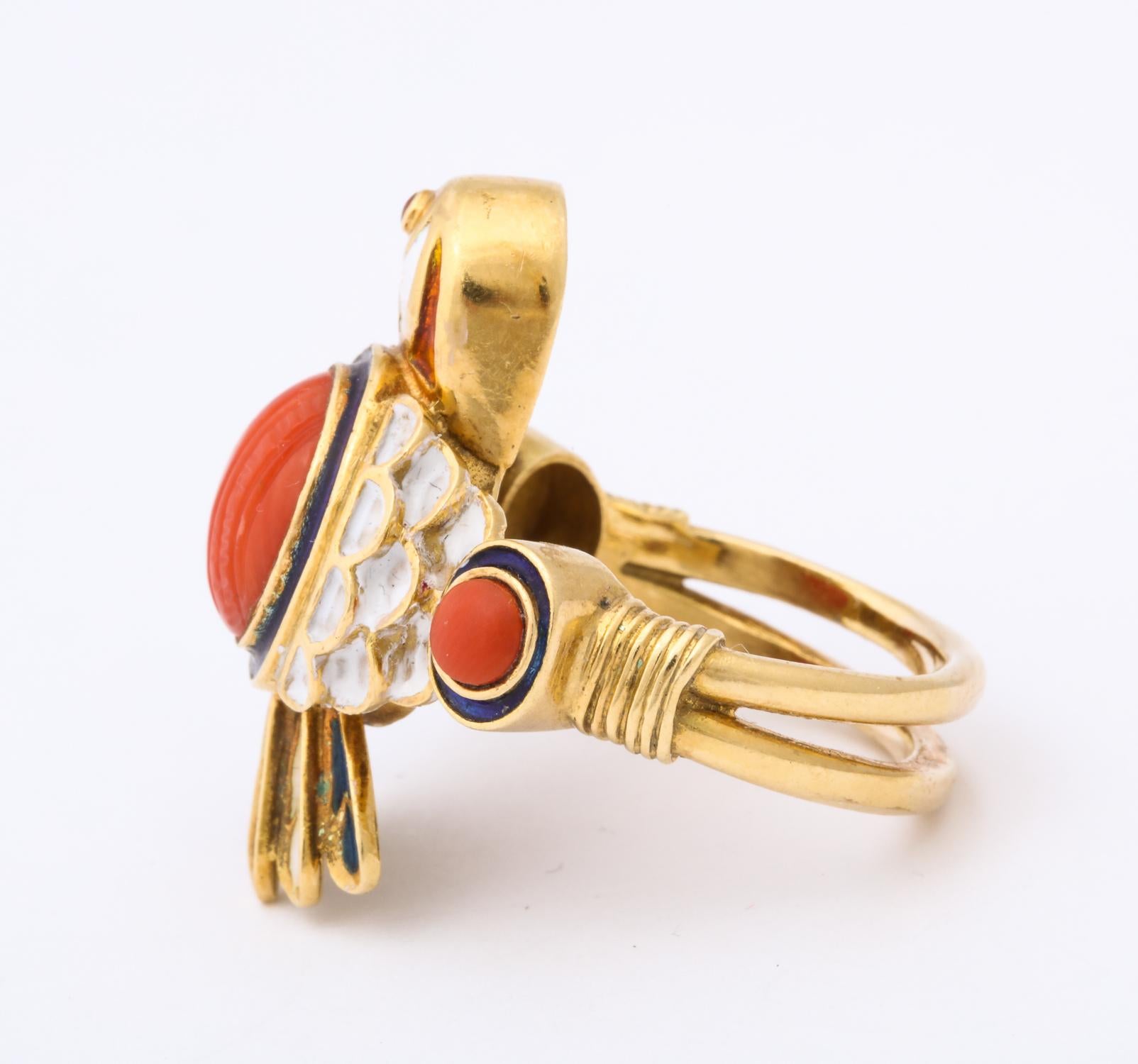 Women's 1950s Figural Bird Enamel with Coral and Ruby Gold Cocktail Ring