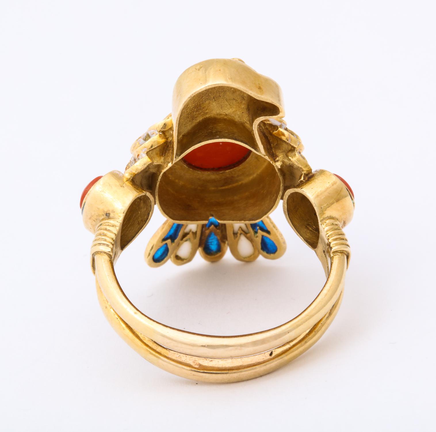 1950s Figural Bird Enamel with Coral and Ruby Gold Cocktail Ring 1