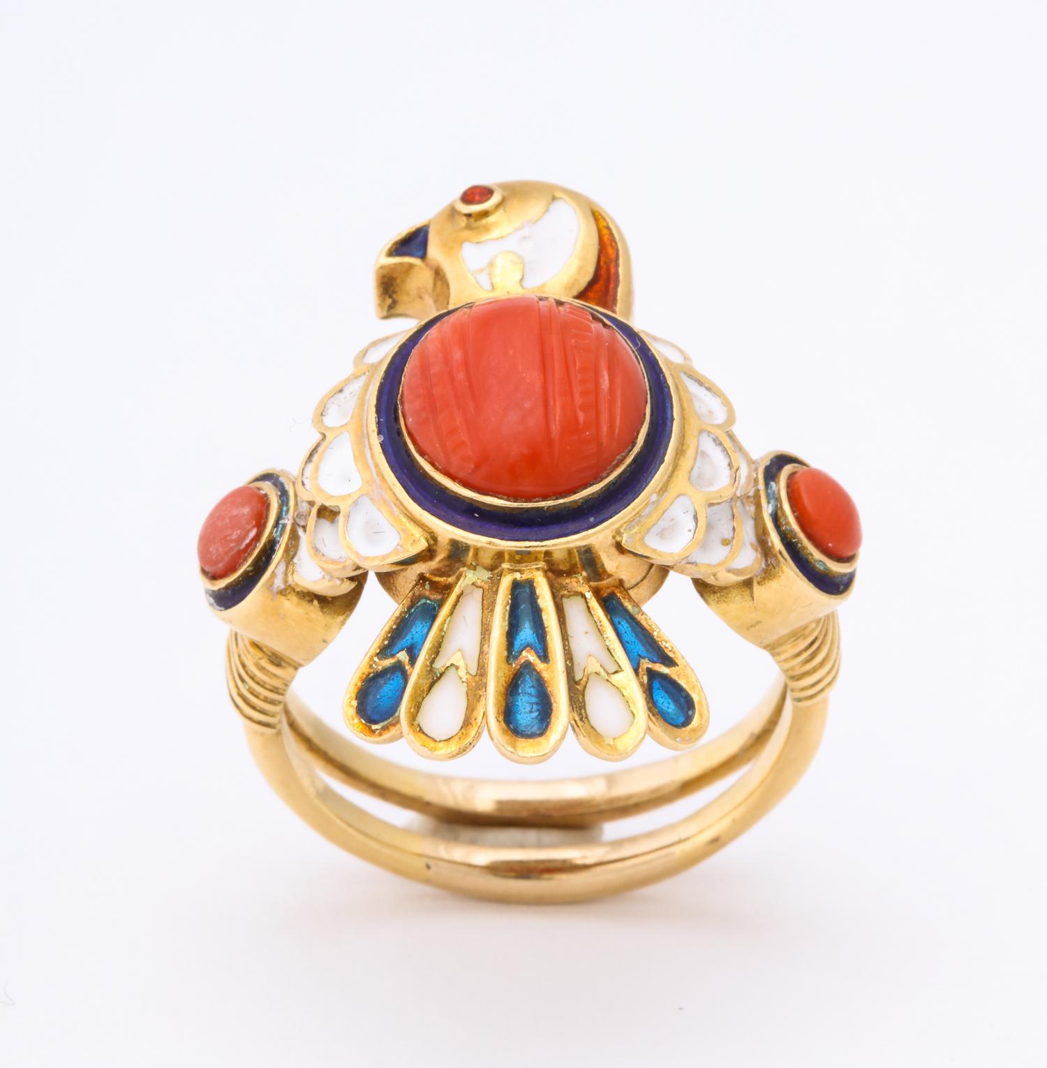 1950s Figural Bird Enamel with Coral and Ruby Gold Cocktail Ring 2