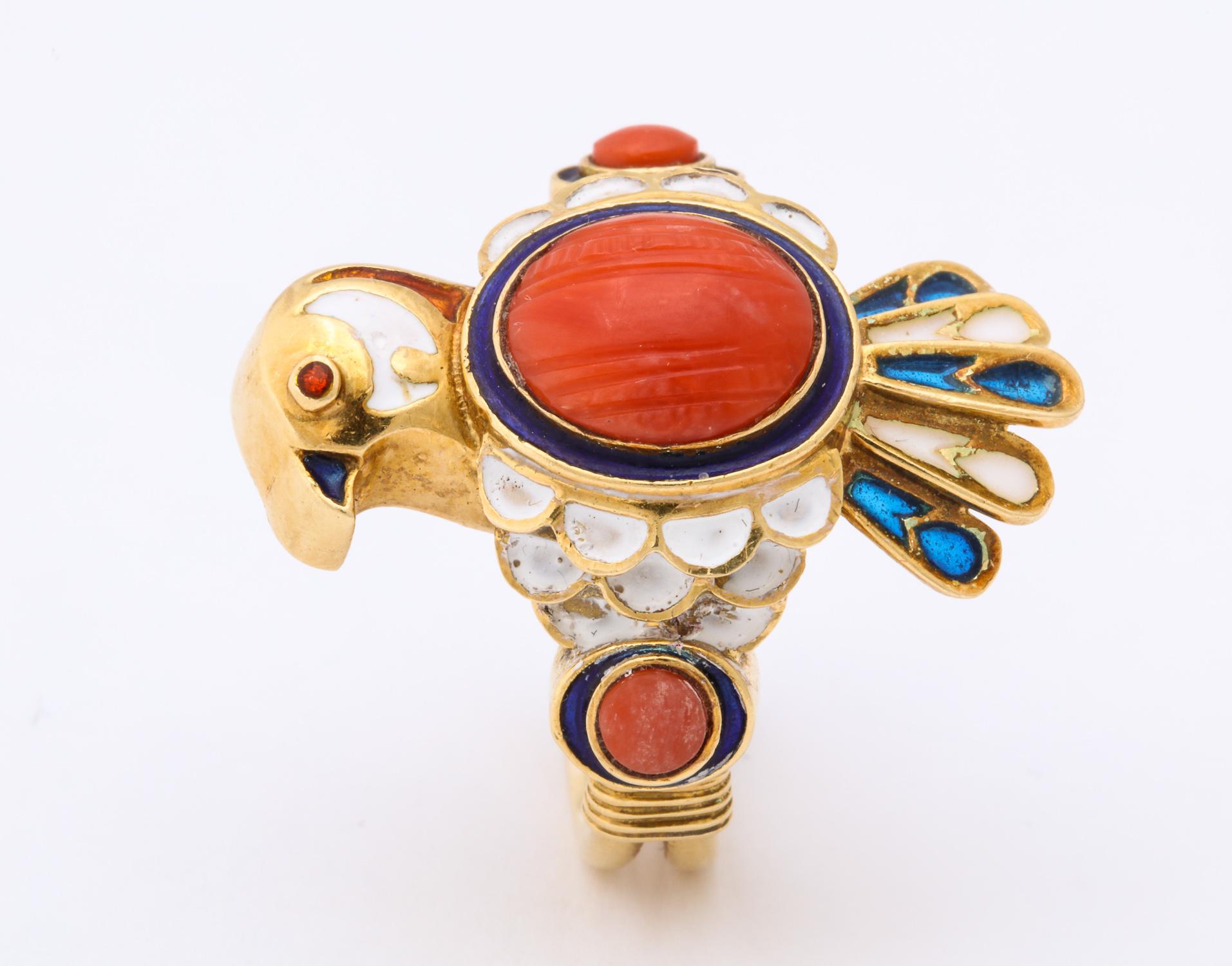 1950s Figural Bird Enamel with Coral and Ruby Gold Cocktail Ring 3