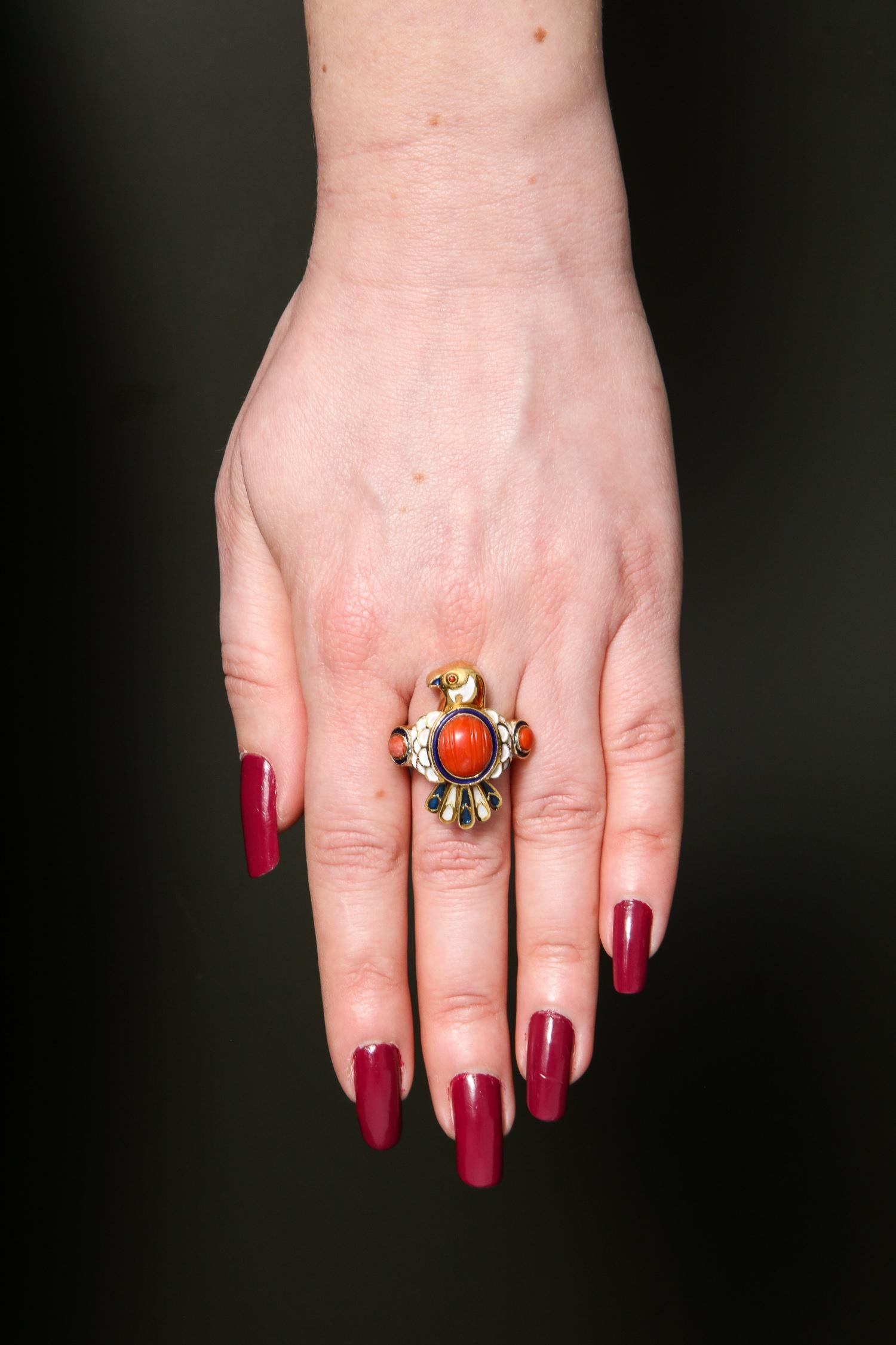 1950s Figural Bird Enamel with Coral and Ruby Gold Cocktail Ring 4