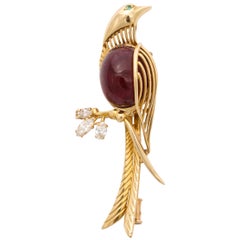 1950s Figural Canary Bird Rubelite, Diamond and Emerald Gold Lapel Brooch