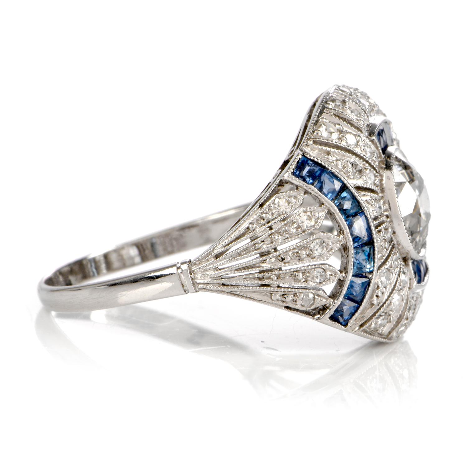 Art Deco 1950s Filigree Diamond Sapphire Platinum Cocktail Ring