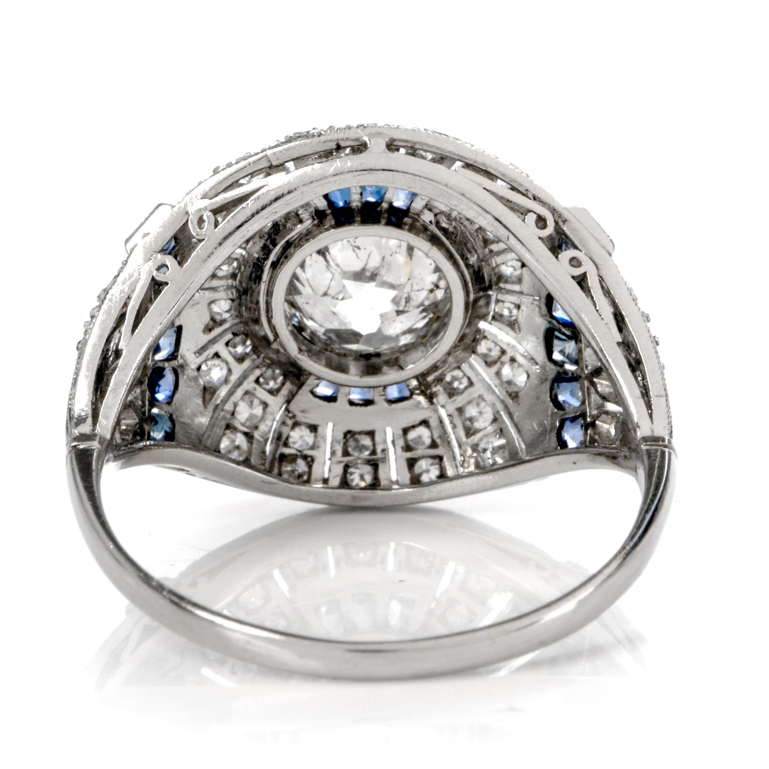 1950s Filigree Diamond Sapphire Platinum Cocktail Ring In Excellent Condition In Miami, FL