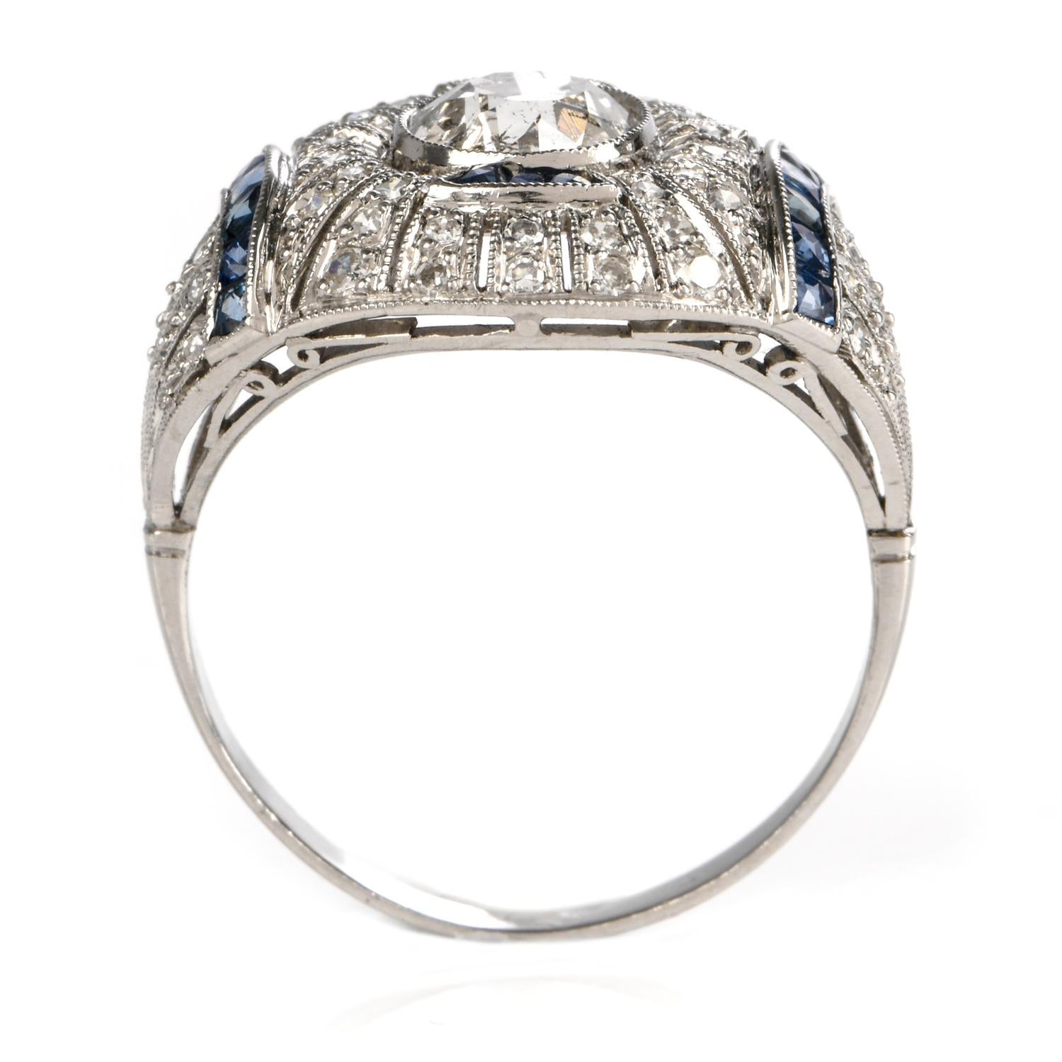 Women's or Men's 1950s Filigree Diamond Sapphire Platinum Cocktail Ring