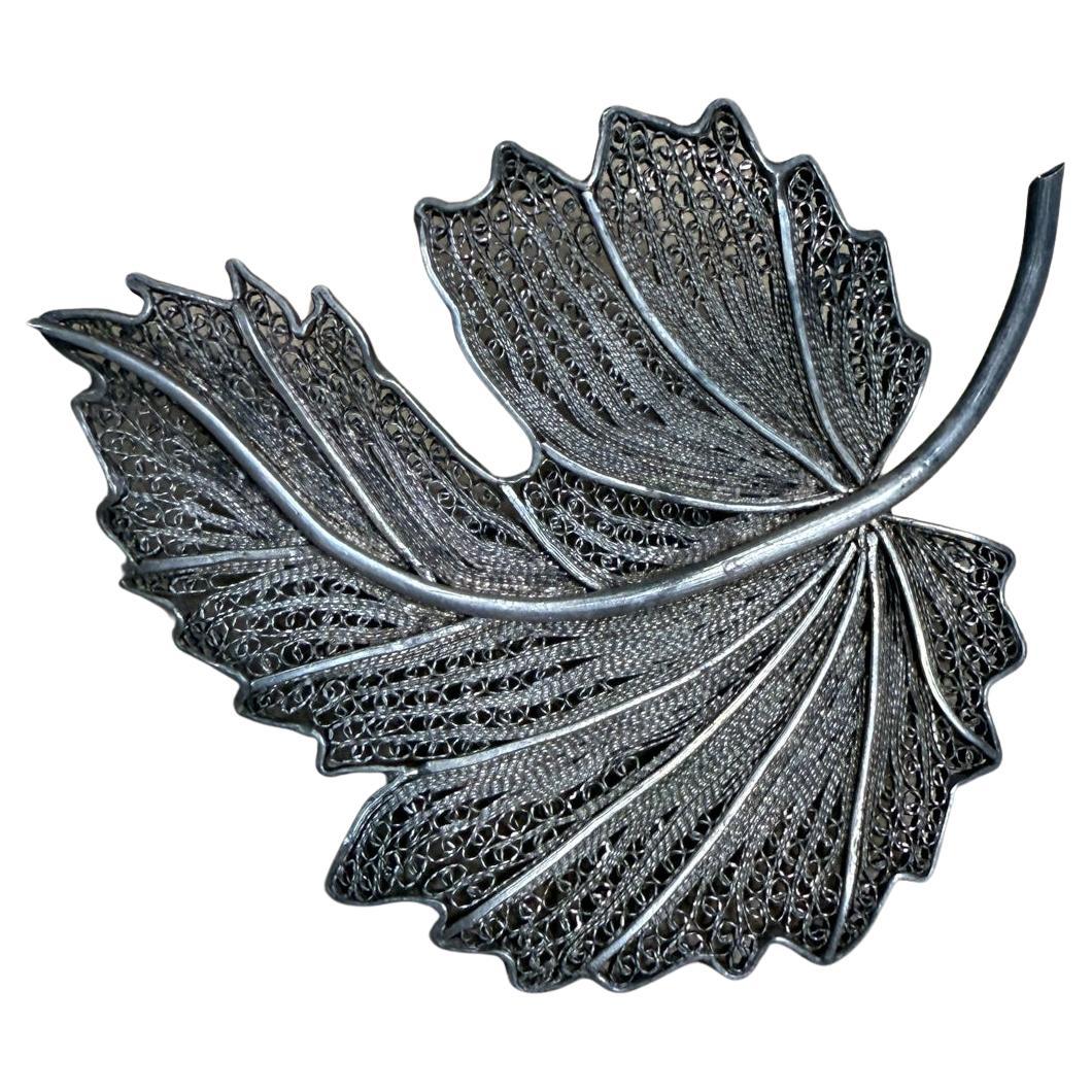1950s Filigree Fine Spun Sterling Silver Leaf Brooch