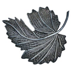 1950s Filigree Fine Spun Sterling Silver Leaf Brooch