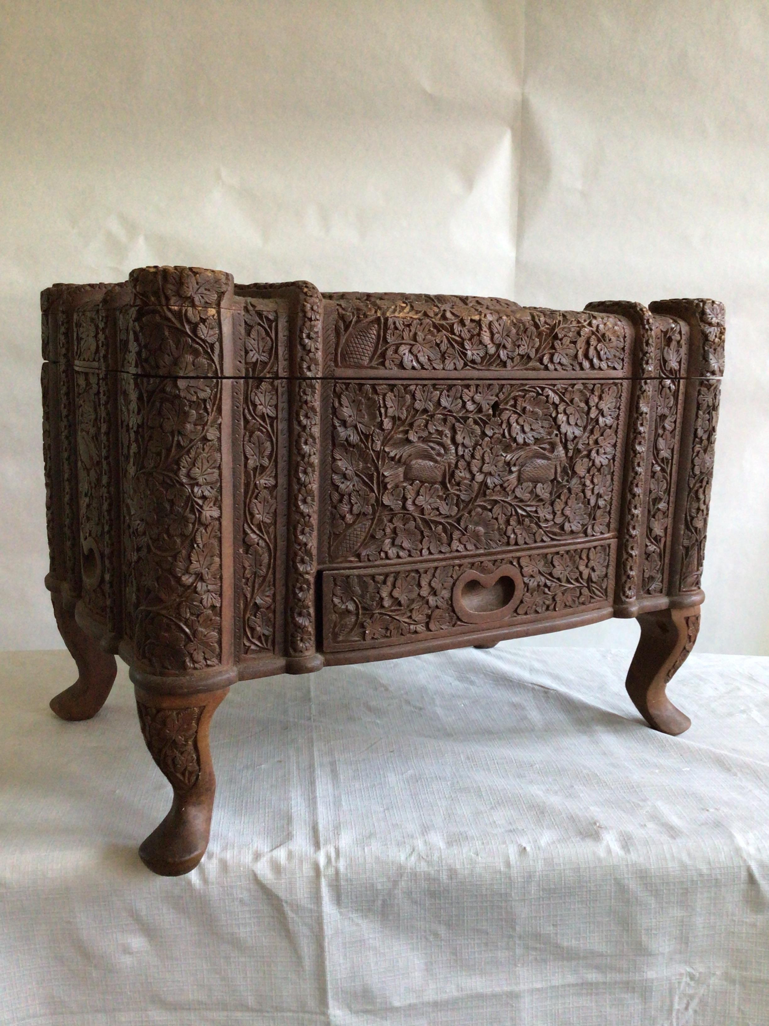Hand-Carved 1950s Fine And Densely Carved Anglo-Indian Style Box For Sale