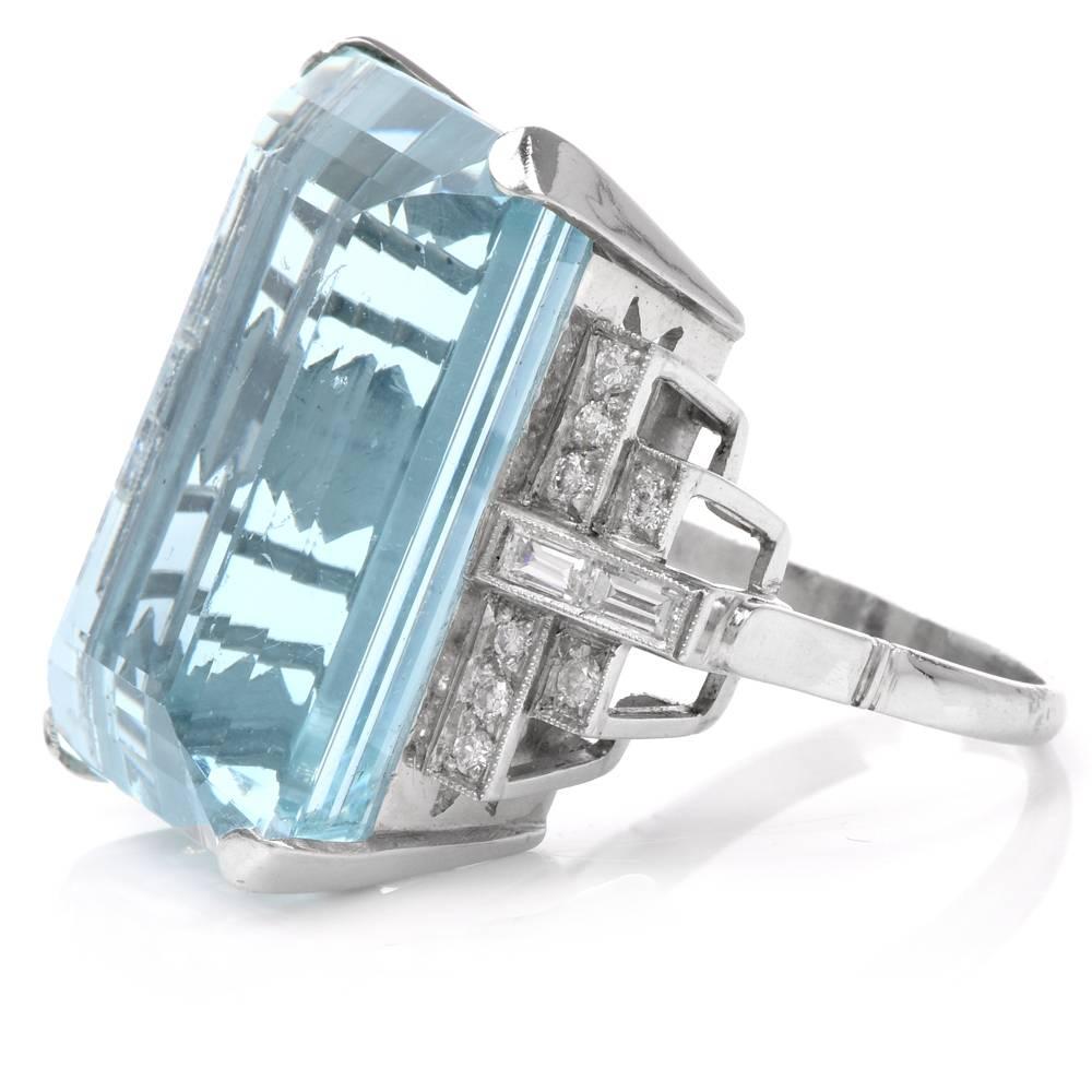 1950s Fine Aquamarine Diamond Platinum Cocktail Ring In Excellent Condition In Miami, FL
