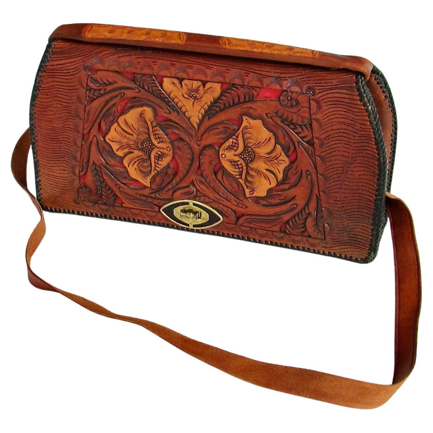 1950er Jahre feine Tooled Leder Western Thema Damen Handtasche Handtasche im Angebot