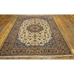 1950s Fine Traditional Beige Field Floral Vintage Isfahan Wool Silk Carpet Rug