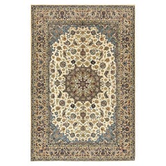 1950s Fine Traditional Beige Field Floral Vintage Isfahan Wool Silk Carpet Rug