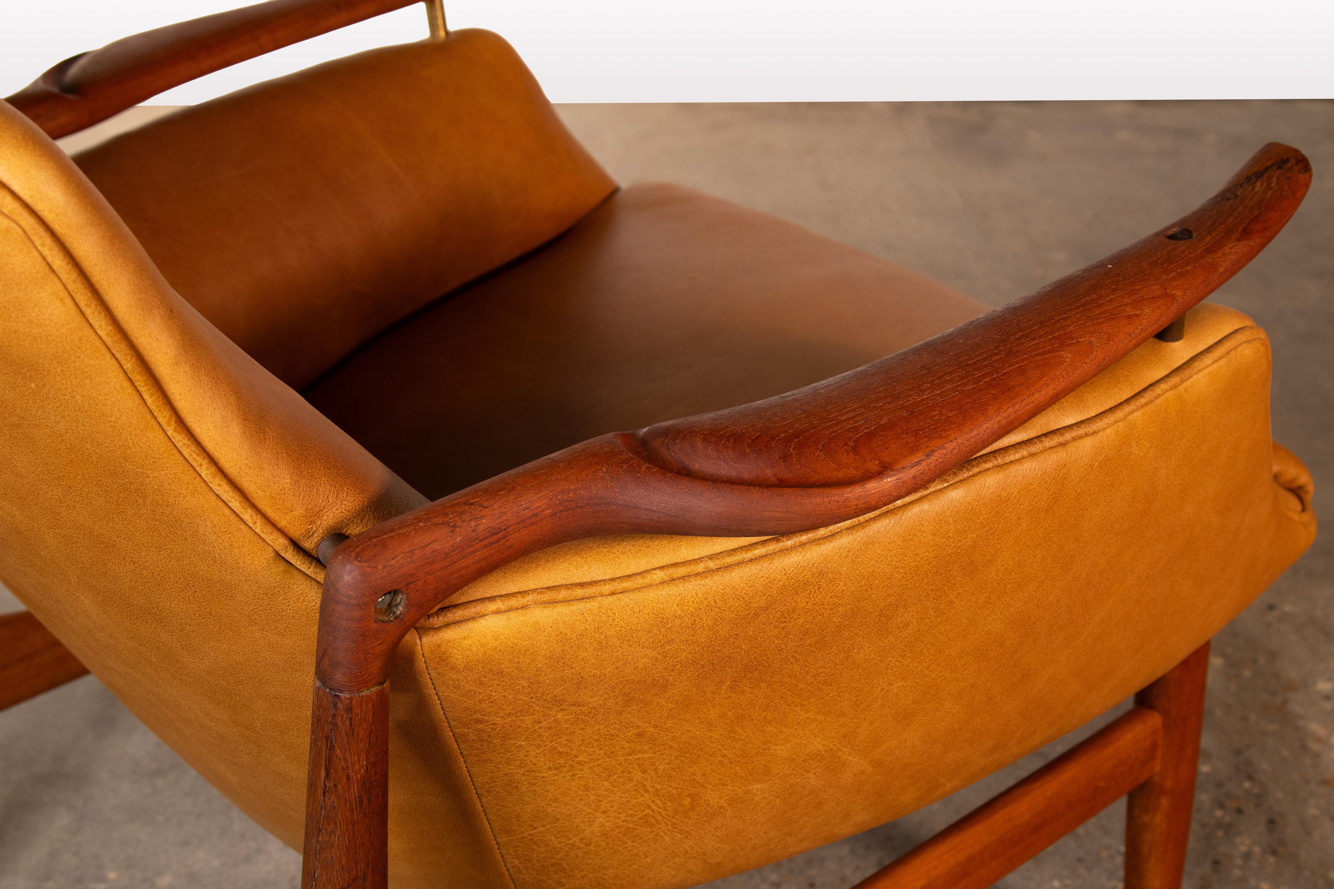 Brass 1950s Finn Juhl NV53 Armchair in Teak and Cognac Leather Illums Bolighus