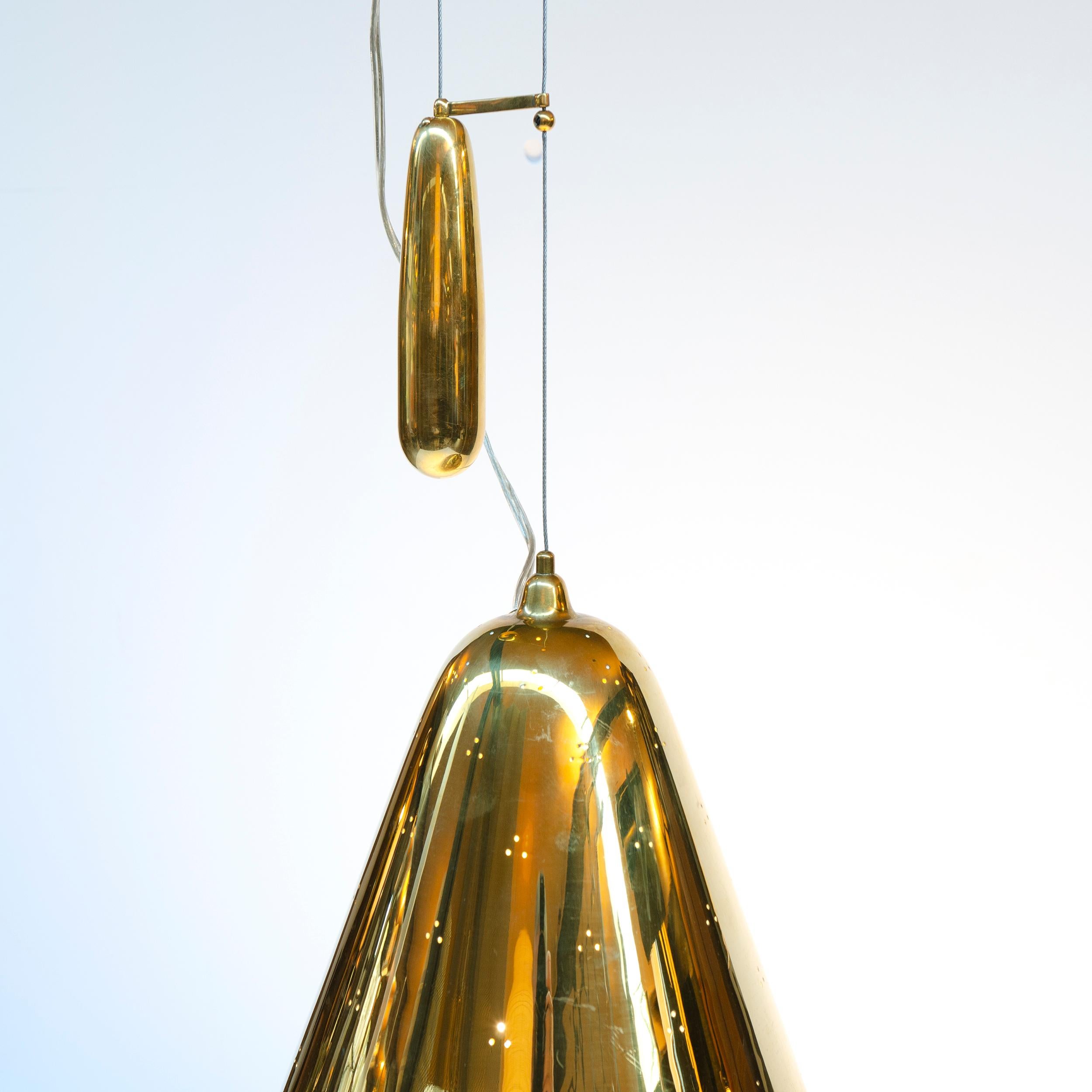 Scandinavian Modern 1950s Finnish Counterweighted Brass Pendant Light by Paavo Tynell for Taito Oy