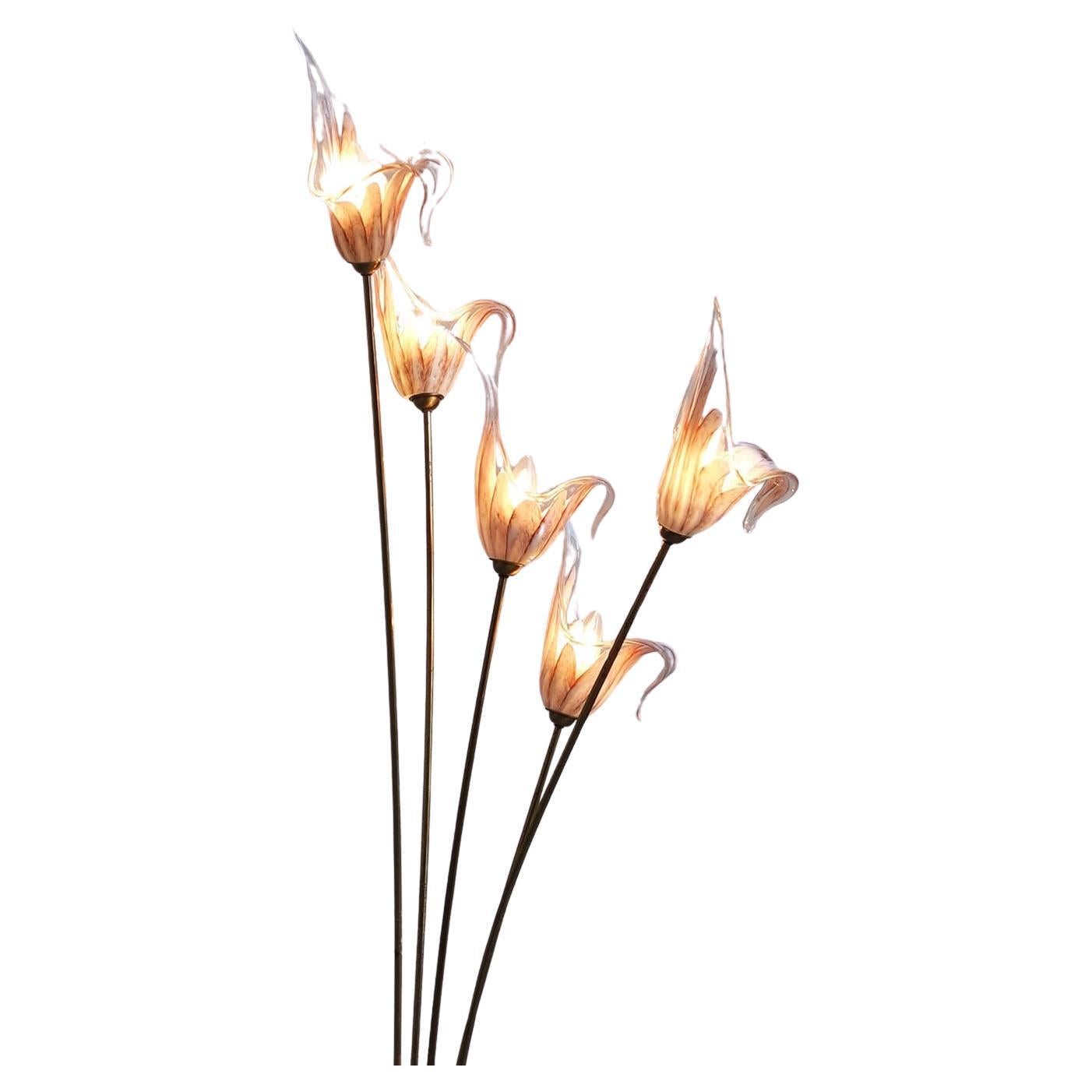 1950s Five Flower Hand-blown Murano Glass Italian Floor Lamp For Sale