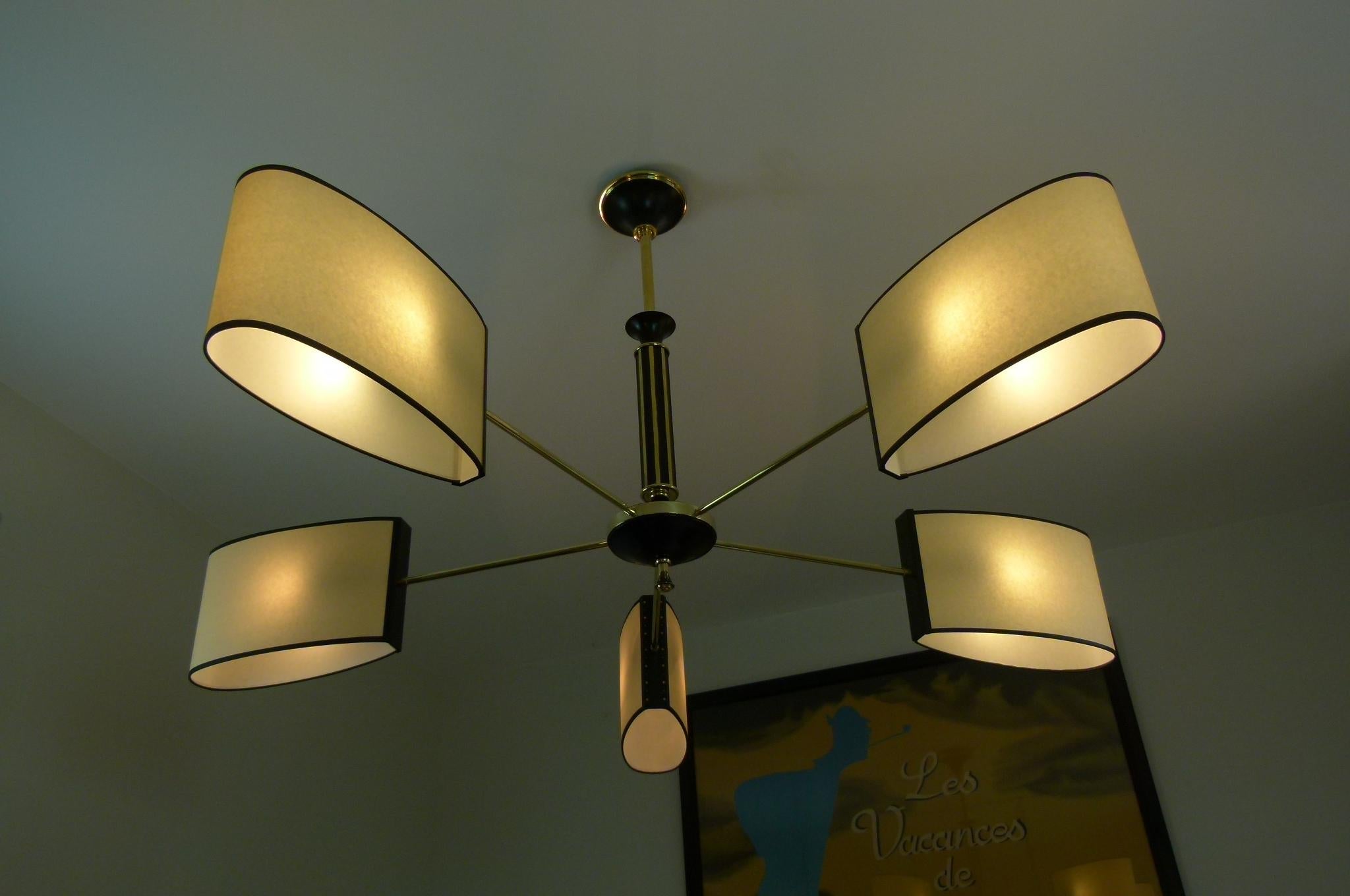 Mid-Century Modern 1950s Five-Lighted Arms Chandelier by Maison Lunel