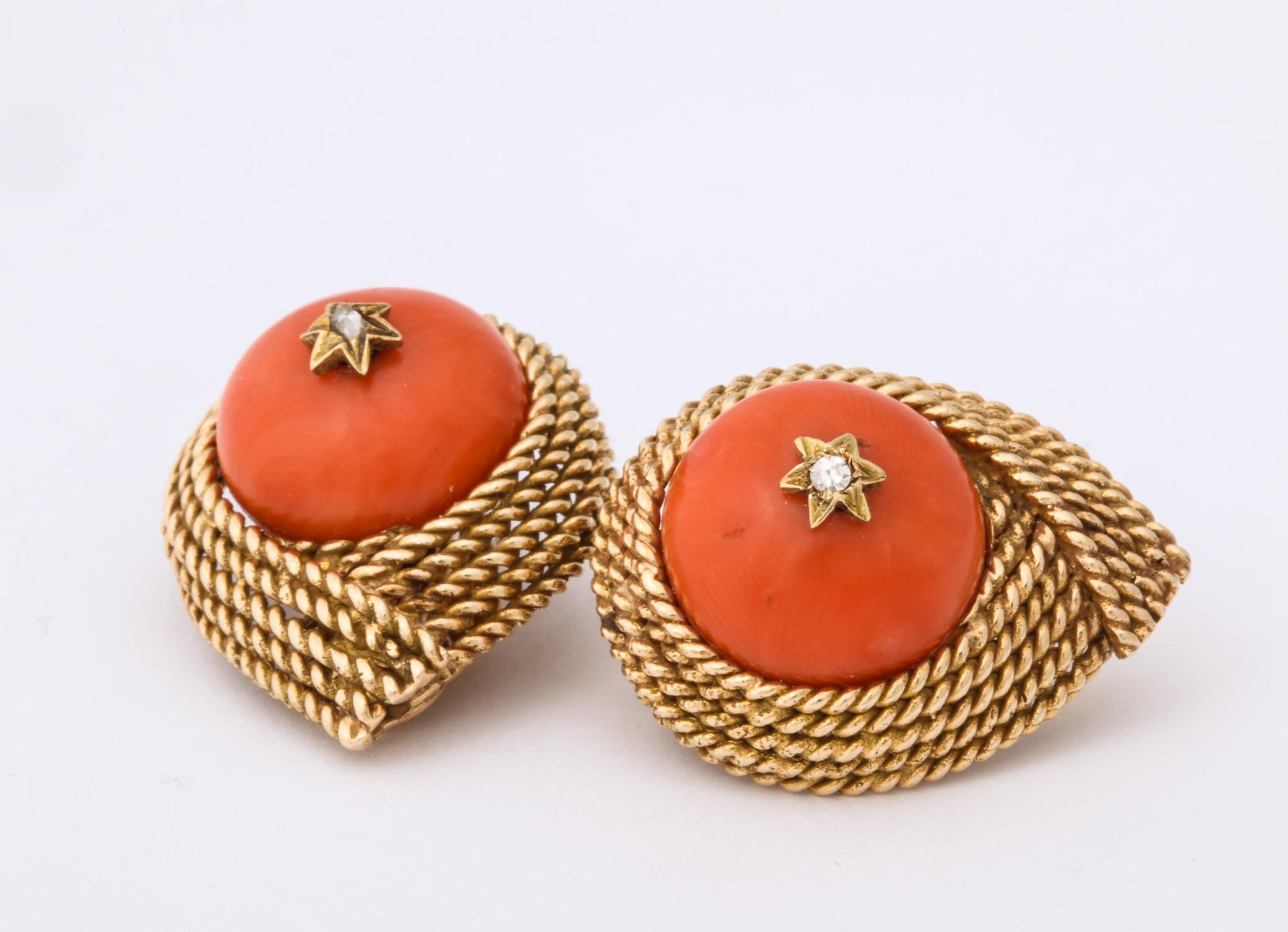 1950s Five-Row Textured Gold Rope Design Coral and Diamond Clip-On Earrings In Good Condition In New York, NY