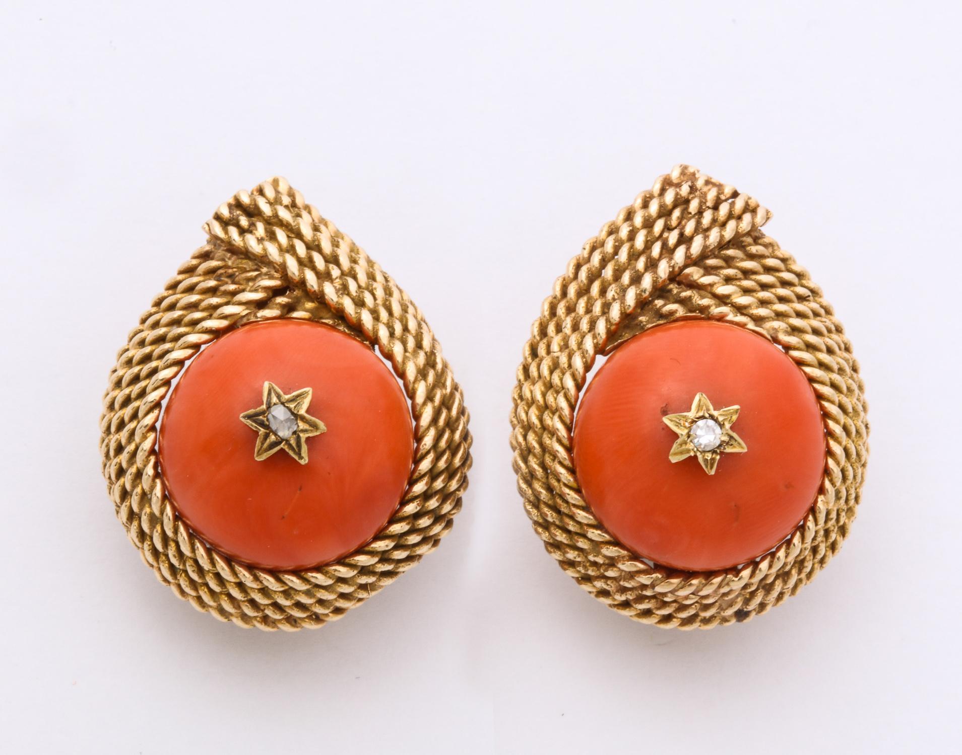 1950s Five-Row Textured Gold Rope Design Coral and Diamond Clip-On Earrings 1