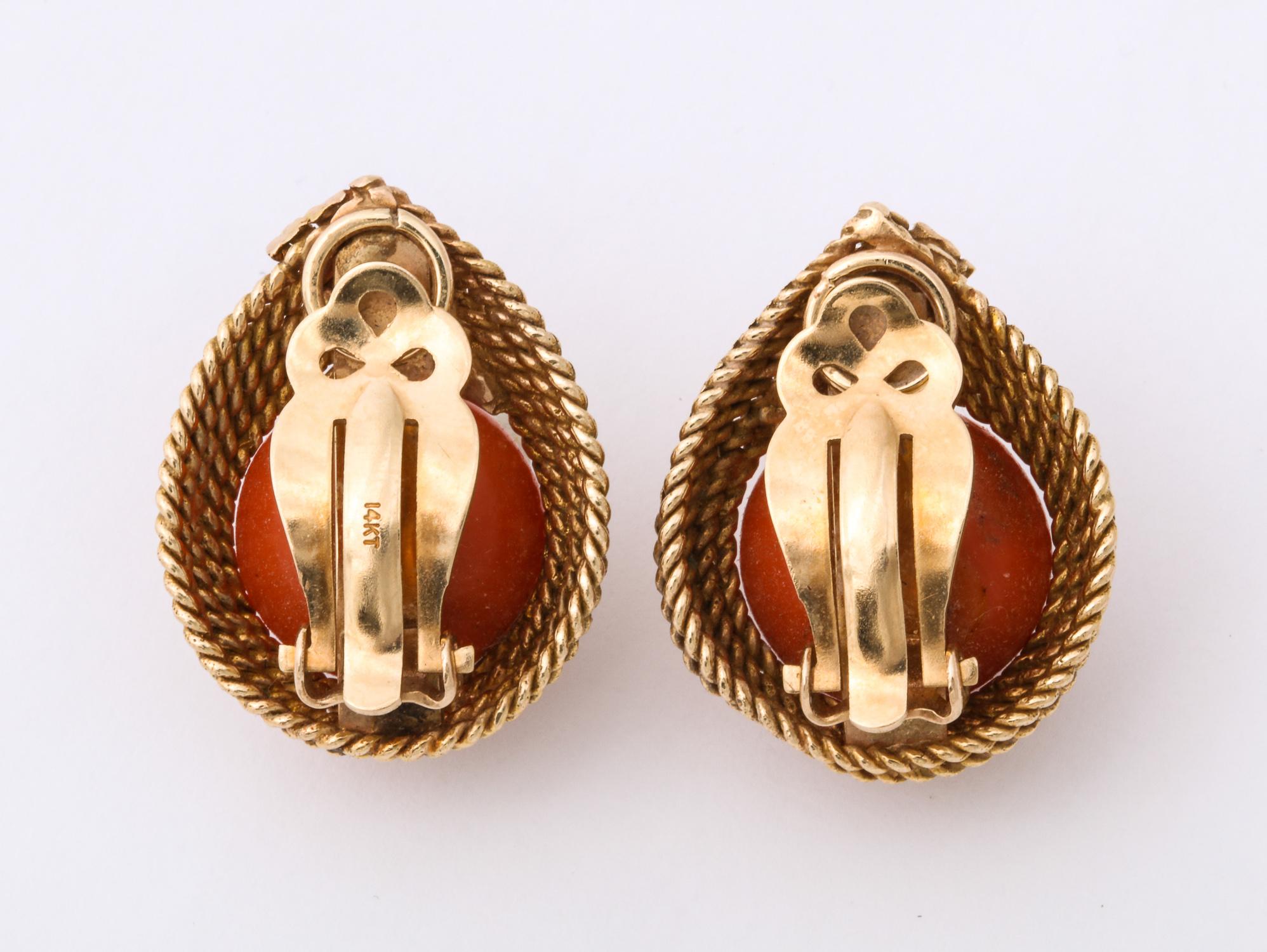 1950s Five-Row Textured Gold Rope Design Coral and Diamond Clip-On Earrings 2