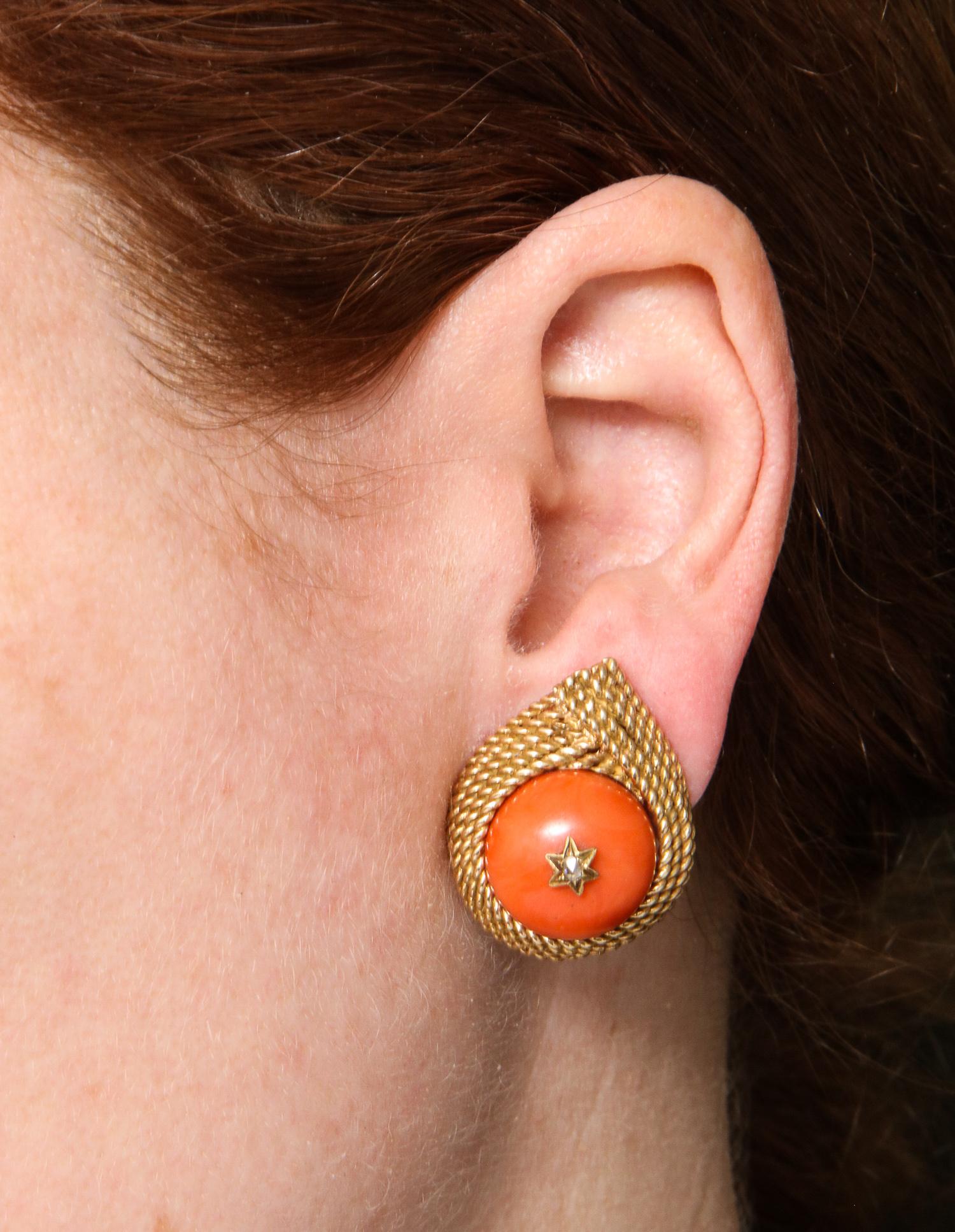 1950s Five-Row Textured Gold Rope Design Coral and Diamond Clip-On Earrings 5
