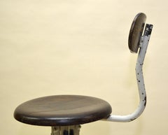 1950s Flambo French Industrial Cream Metal and Wood Work Stool with Chair Back