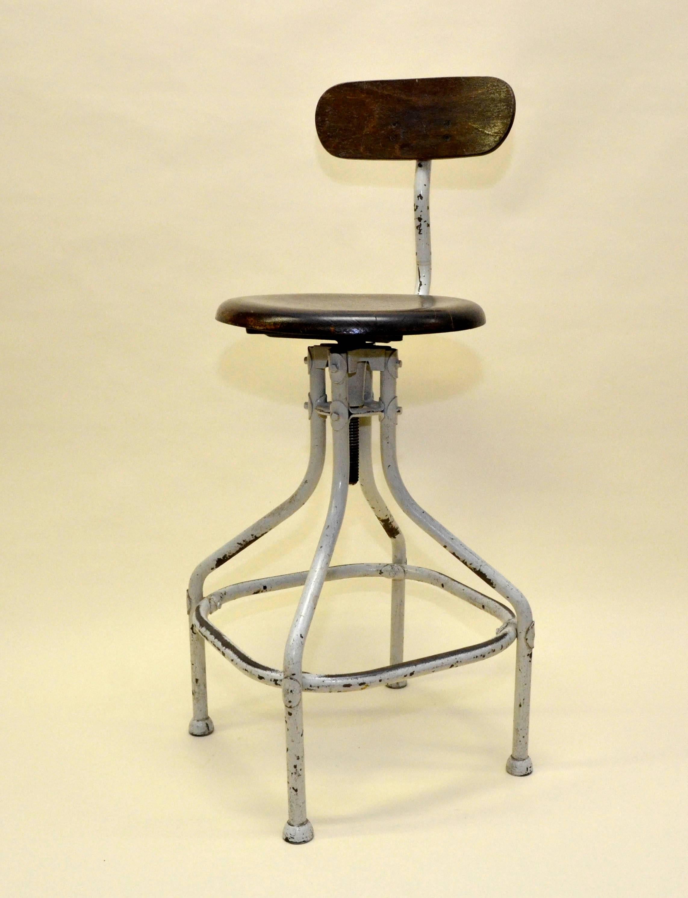1950s Flambo French Industrial Cream Metal and Wood Work Stool with Chair Back For Sale 2