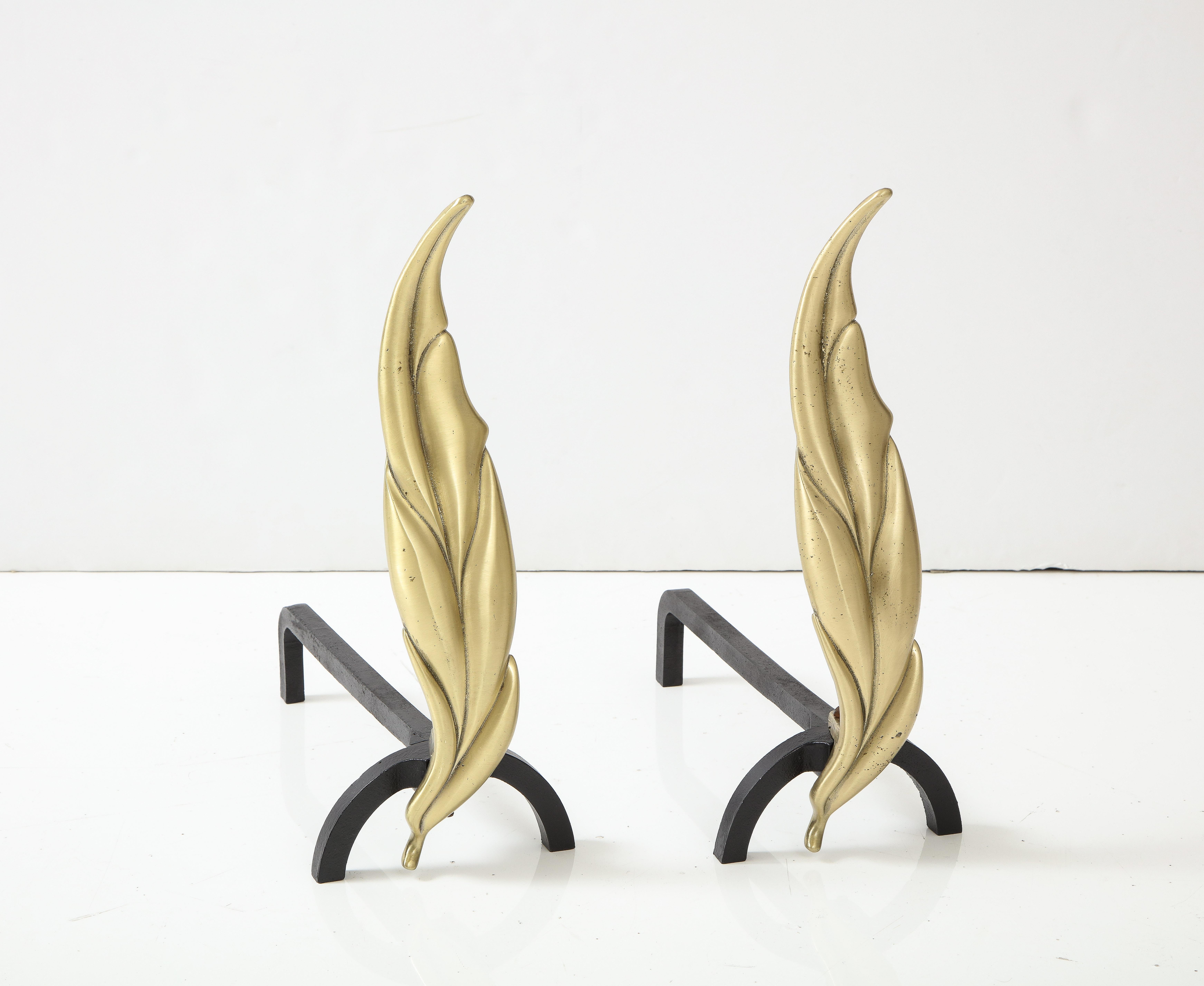 Mid-Century Modern 1950's Flamed Leaf Andirons and Matching Tools. For Sale