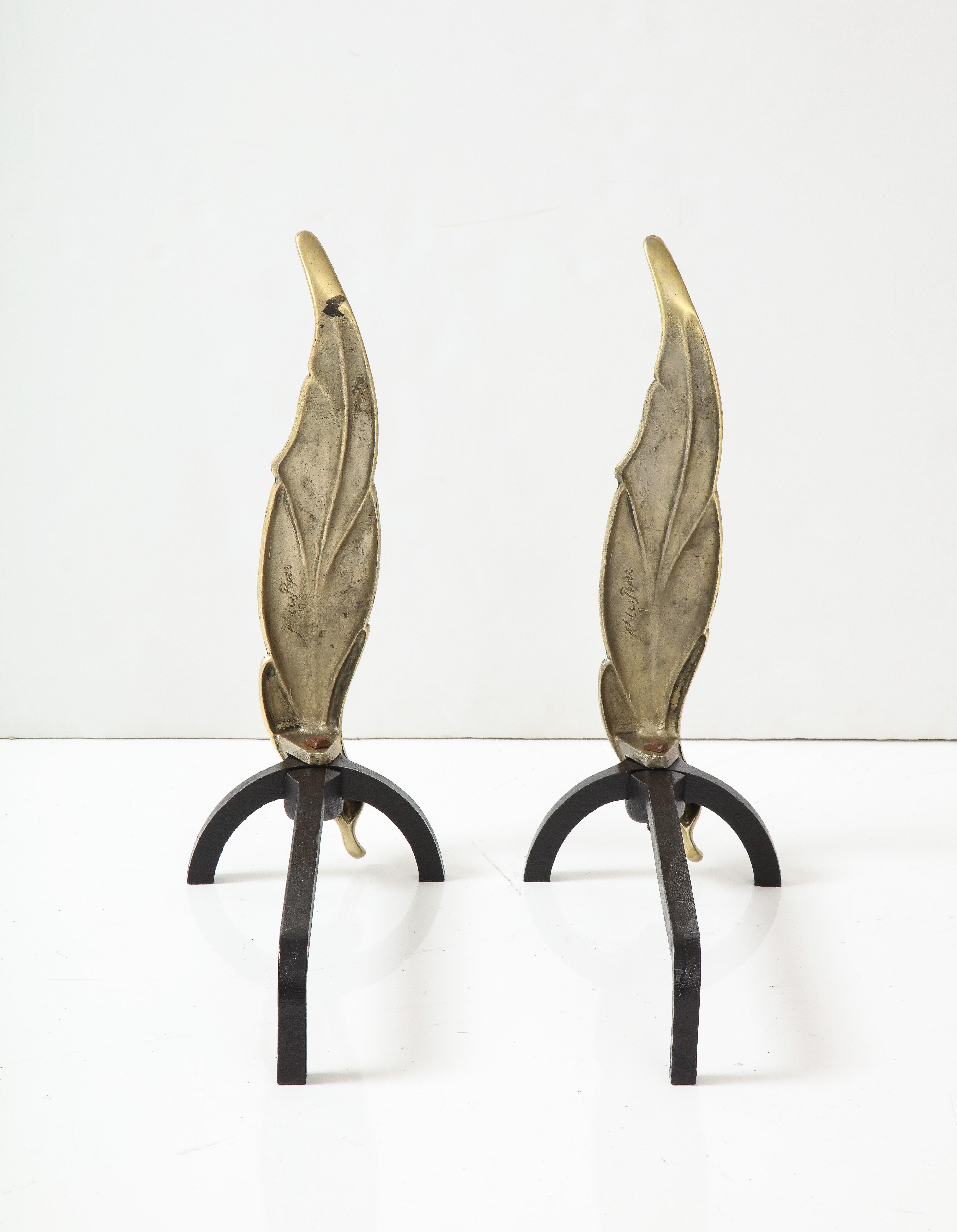 1950's Flamed Leaf Andirons and Matching Tools. In Good Condition For Sale In New York, NY