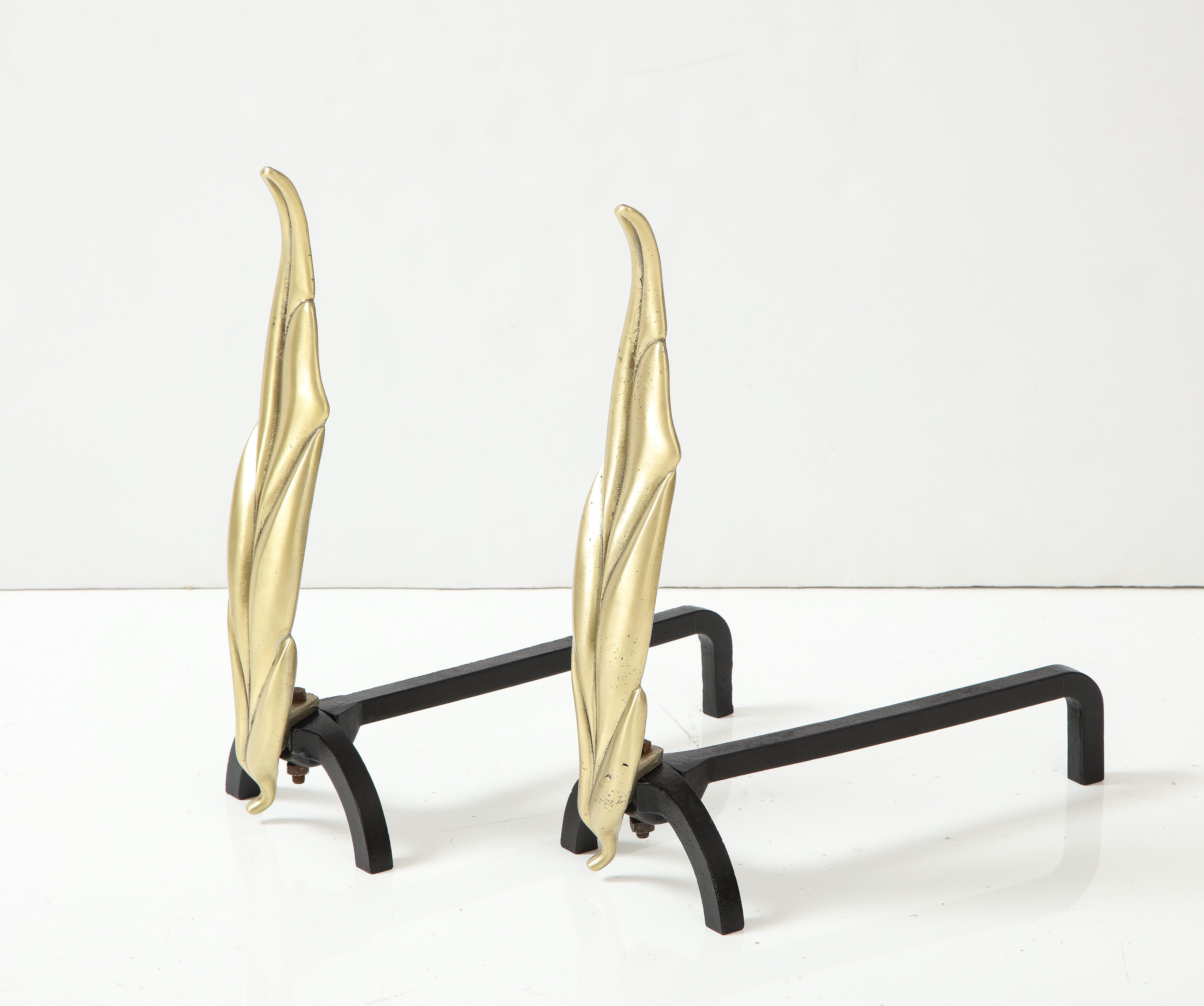 Mid-20th Century 1950's Flamed Leaf Andirons and Matching Tools. For Sale