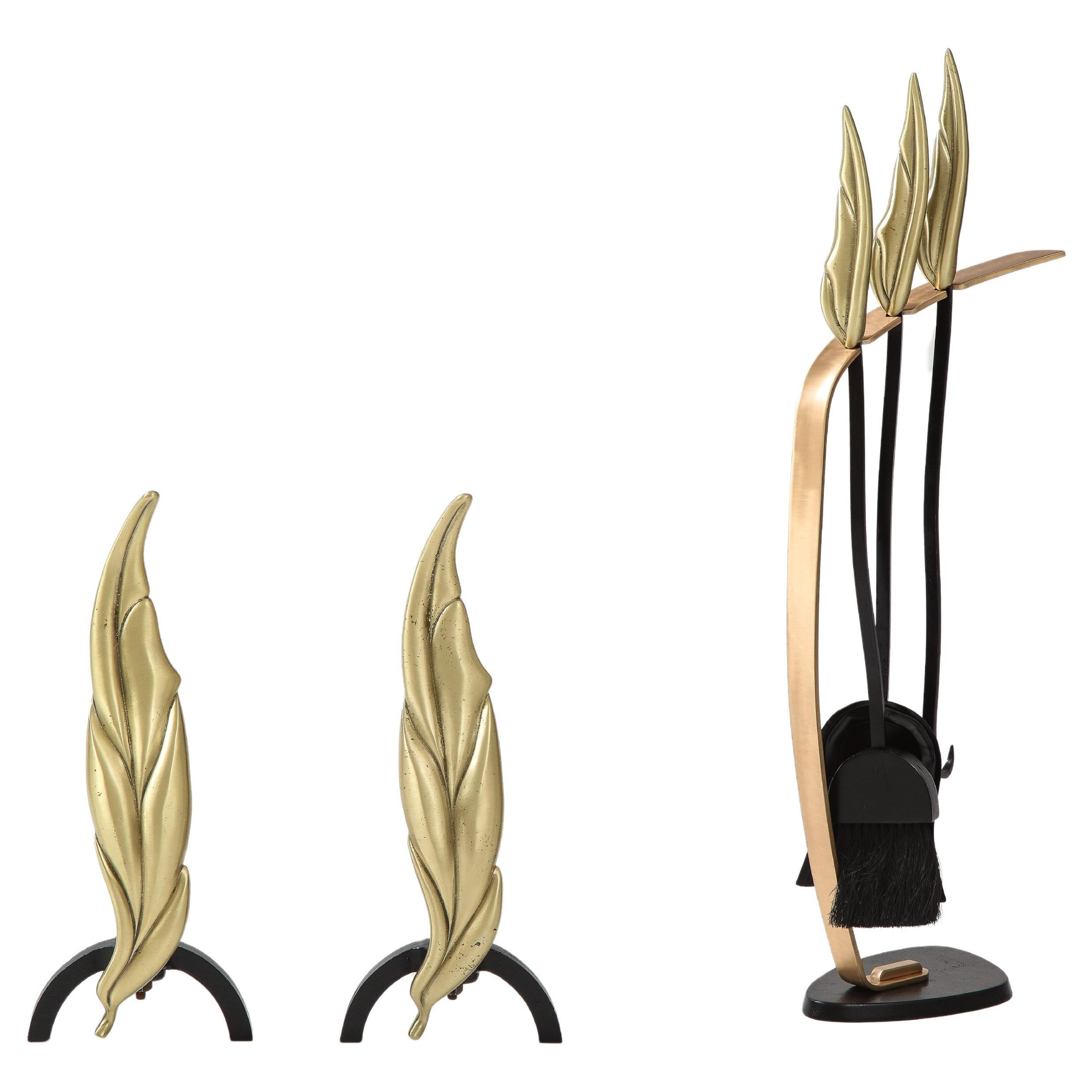 1950's Flamed Leaf Andirons and Matching Tools. For Sale
