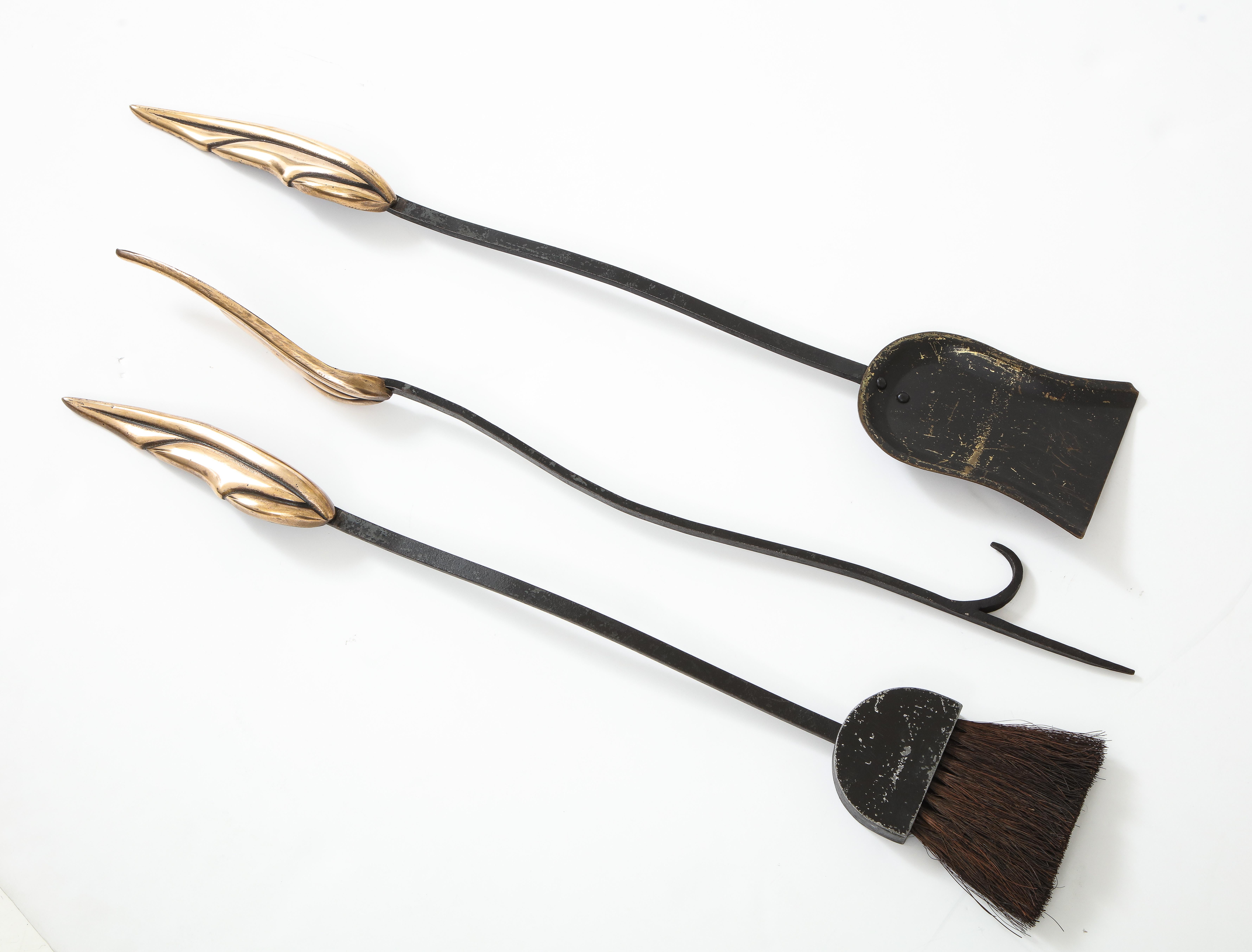 1950's Flamed Leaf Brass Fireplace Tools with Matching Andirons For Sale 10