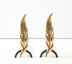 1950's Flamed Leaf Brass Fireplace Tools with Matching Andirons