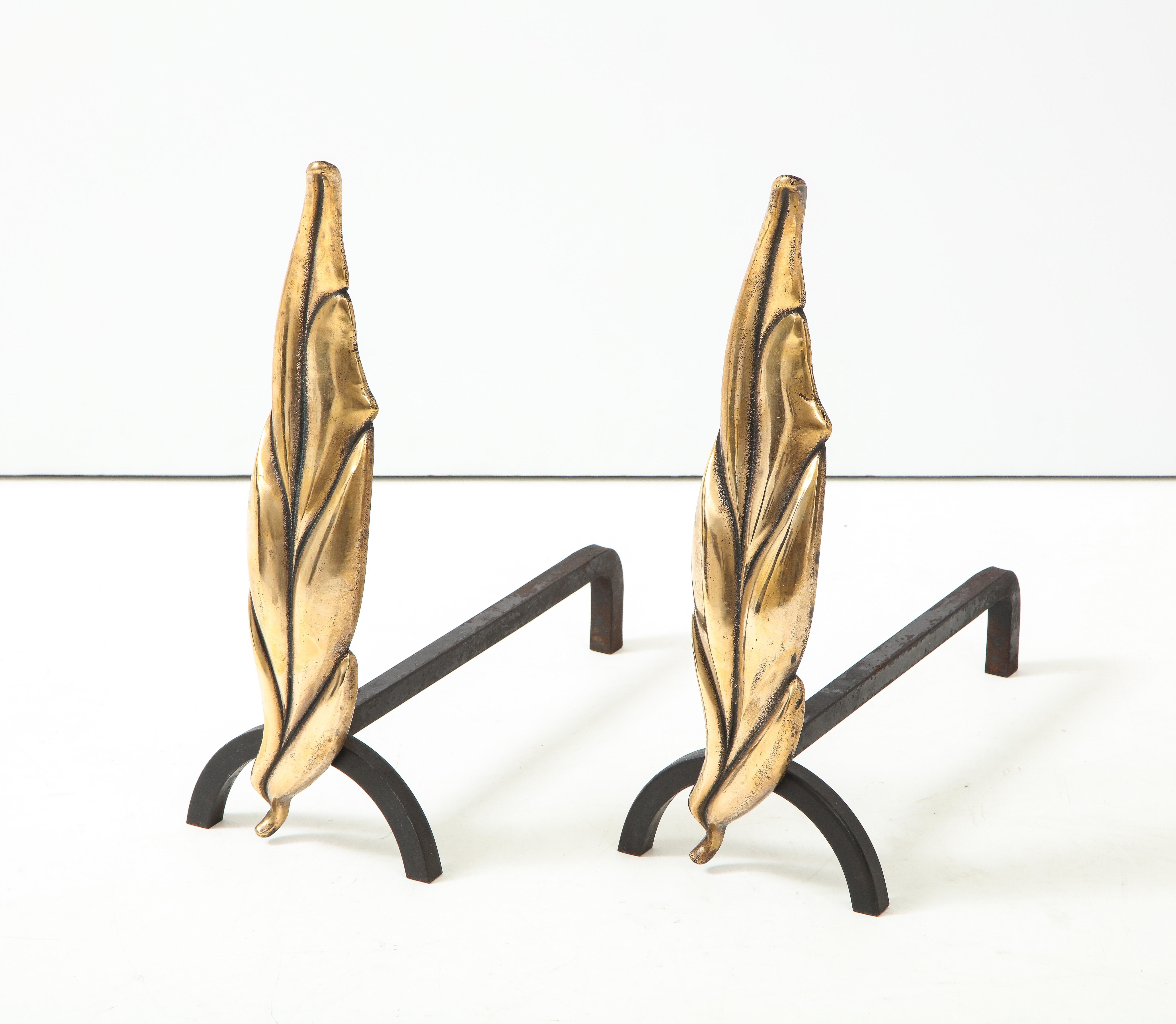 Mid-Century Modern 1950's Flamed Leaf Brass Fireplace Tools with Matching Andirons For Sale