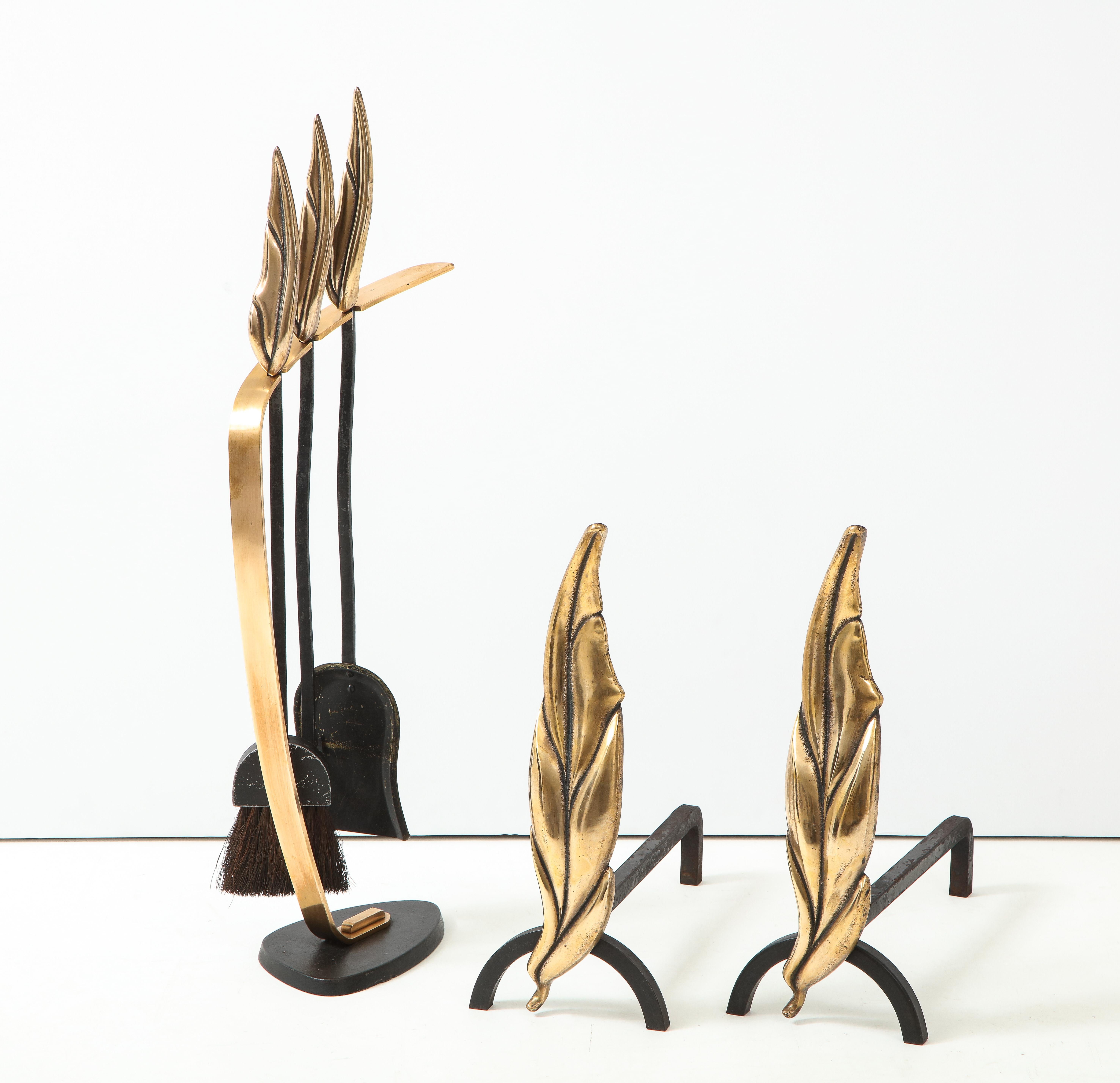 Mid-20th Century 1950's Flamed Leaf Brass Fireplace Tools with Matching Andirons For Sale