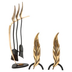 1950's Flamed Leaf Brass Fireplace Tools with Matching Andirons