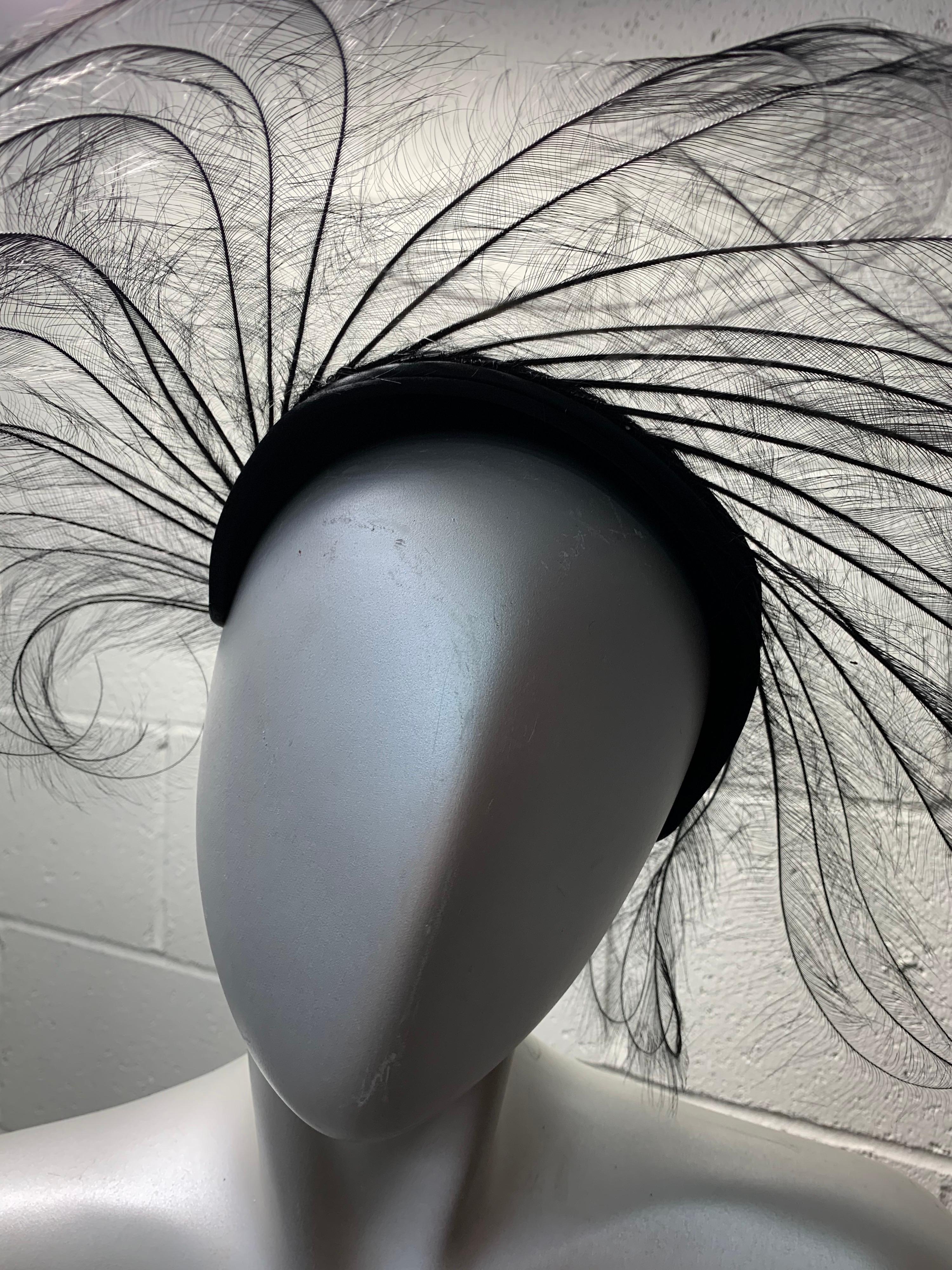 1950s Flo-Raye Black Egret Feather Cartwheel Hat w/ Velvet Structured Crown: Spiral curled feathers encircle a structured cap, jutting out to create a halo effect. One Size. 