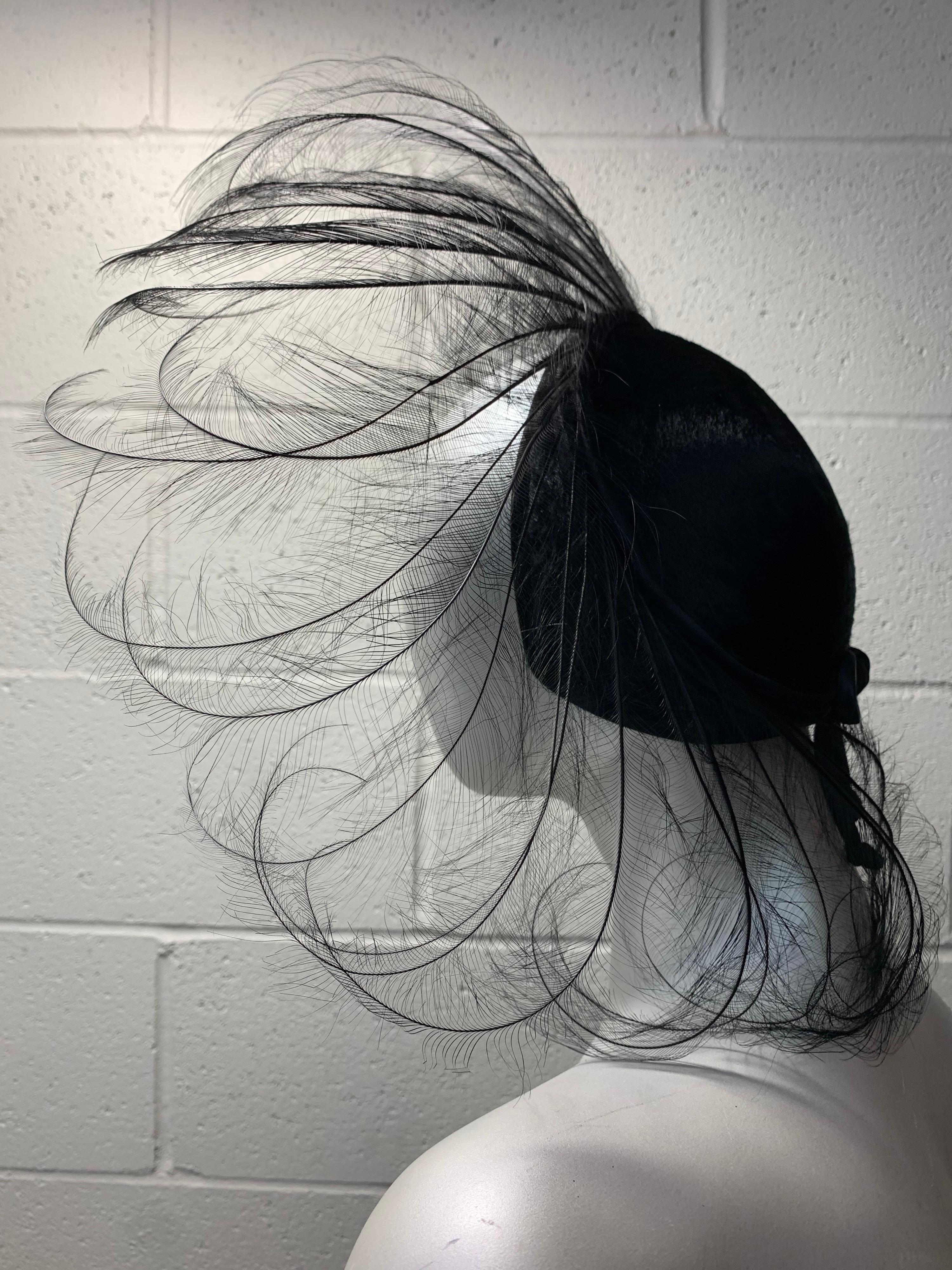 1950s Flo-Raye Black Egret Feather Cartwheel Hat w/ Velvet Structured Crown  For Sale 1