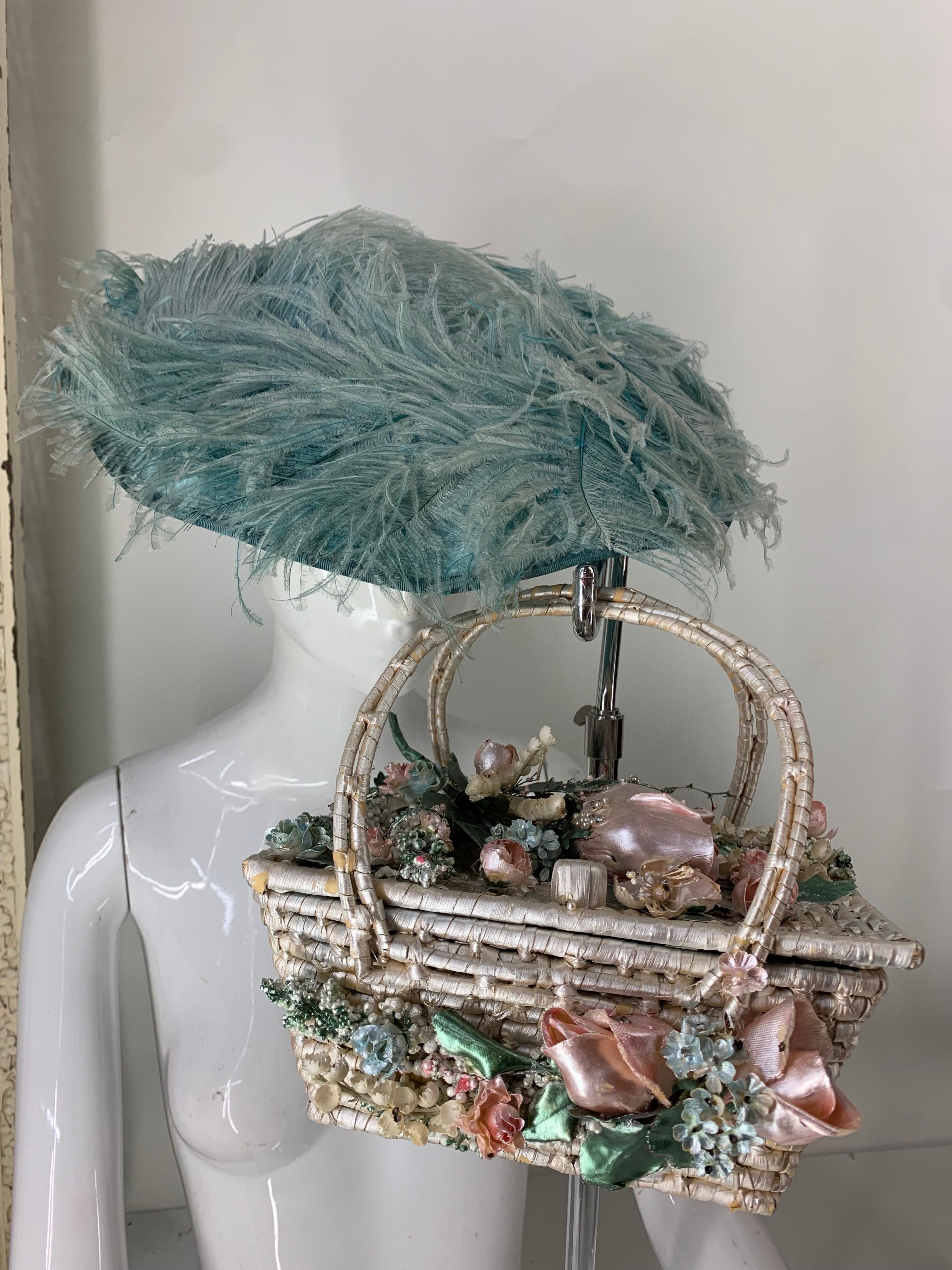 1950s Flo Raye Originals Ice Blue Ostrich Saucer Hat w Pearlescent Floral Purse en vente 16