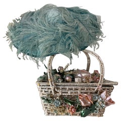 1950s Flo Raye Originals Ice Blue Ostrich Saucer Hat w Pearlescent Floral Purse