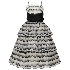 1950's Flocked Deco-Dots Ivory Chiffon Cummberbund Bow Scalloped Party Dress