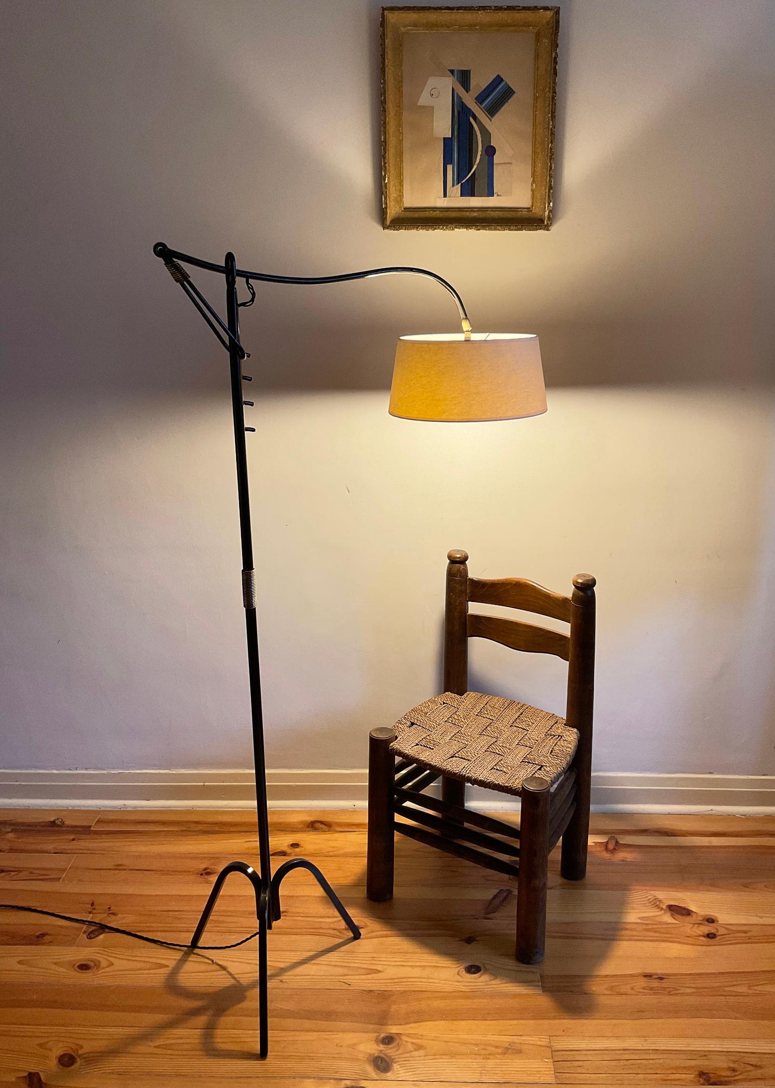 Brass 1950s Floor Lamp Attributed to Jacques Adnet with a Crémallière system For Sale