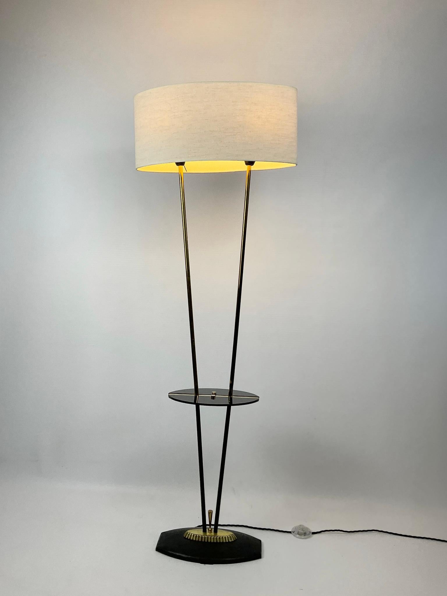 1950s Floor Lamp with Black Opaline Side Table Attributed to Maison Lunel  For Sale 1